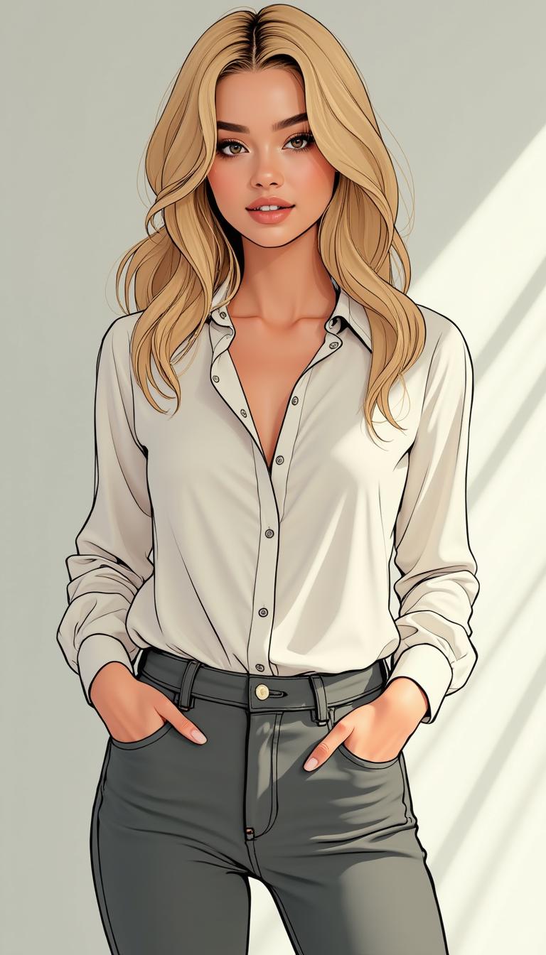 Front view and Full-body shot of Lilly, a 25-year-old pop star singer, standing confidently and posing for a promotional photo. She has fair skin, captivating brown eyes, and blonde hair styled in soft, straightened waves cascading over her shoulders. Lilly is dressed in a chic, casual outfit, featuring a tailored white blouse with subtle detailing, paired with elegant high-waisted trousers or fitted jeans, showcasing a modern yet understated style. The environment is a minimalist studio setting with a clean backdrop, softly lit to draw attention to her refined appearance. Rendered in a comic book style, the artwork features bold, sharp contours, refined textures, and a balanced monochromatic palette with subtle silver and white accents. The lighting is soft and natural, with a gentle glow that highlights her poised confidence and effortless elegance. Her pose radiates professionalism and charisma as she looks directly at the camera with a warm, engaging expression. The image is polished, high-resolution art, ideal for use in promotional materials."  This version ensures a professional but casual look, removing the stage and performance outfit while maintaining a polished, stylish tone.