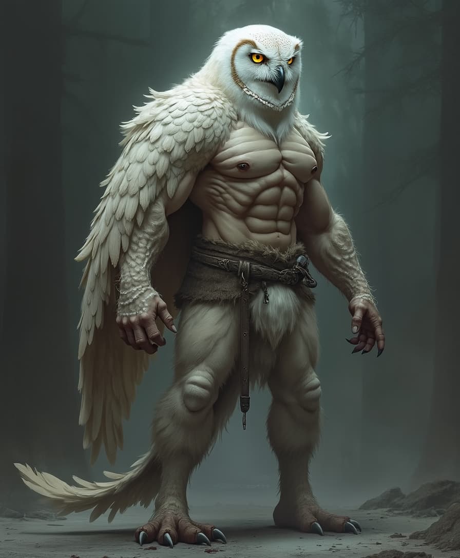 Create a realistic image of a humanoid owl, where the body is that of a muscular adult human, but the head is that of a majestic white owl with piercing yellow eyes and sharp talons, and it has a long, feathery tail extending from the lower back, standing tall with a powerful stance as if ready for battle, with defined muscles and a strong, rugged facial structure, with a few loose feathers scattered around the hairline, and a wise, determined expression on the owl-like face, set against a dark, misty background with subtle hints of moonlight casting an eerie glow on the figure's feathers and skin, with intricate details on the feathers, skin texture, and facial features.