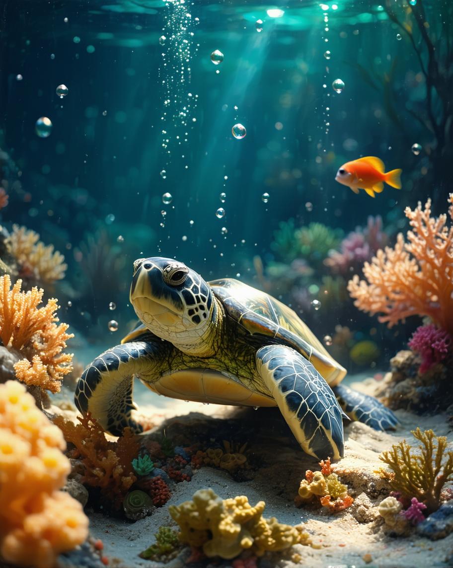 water turtle under water in tropical sea, colorful corals, air bubbles, bokeh