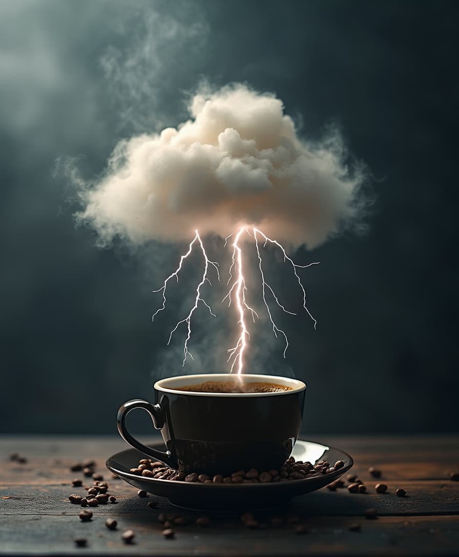 coffee steam in form of small storm clouds over a cup of coffee with lightning strikes came out of the clouds