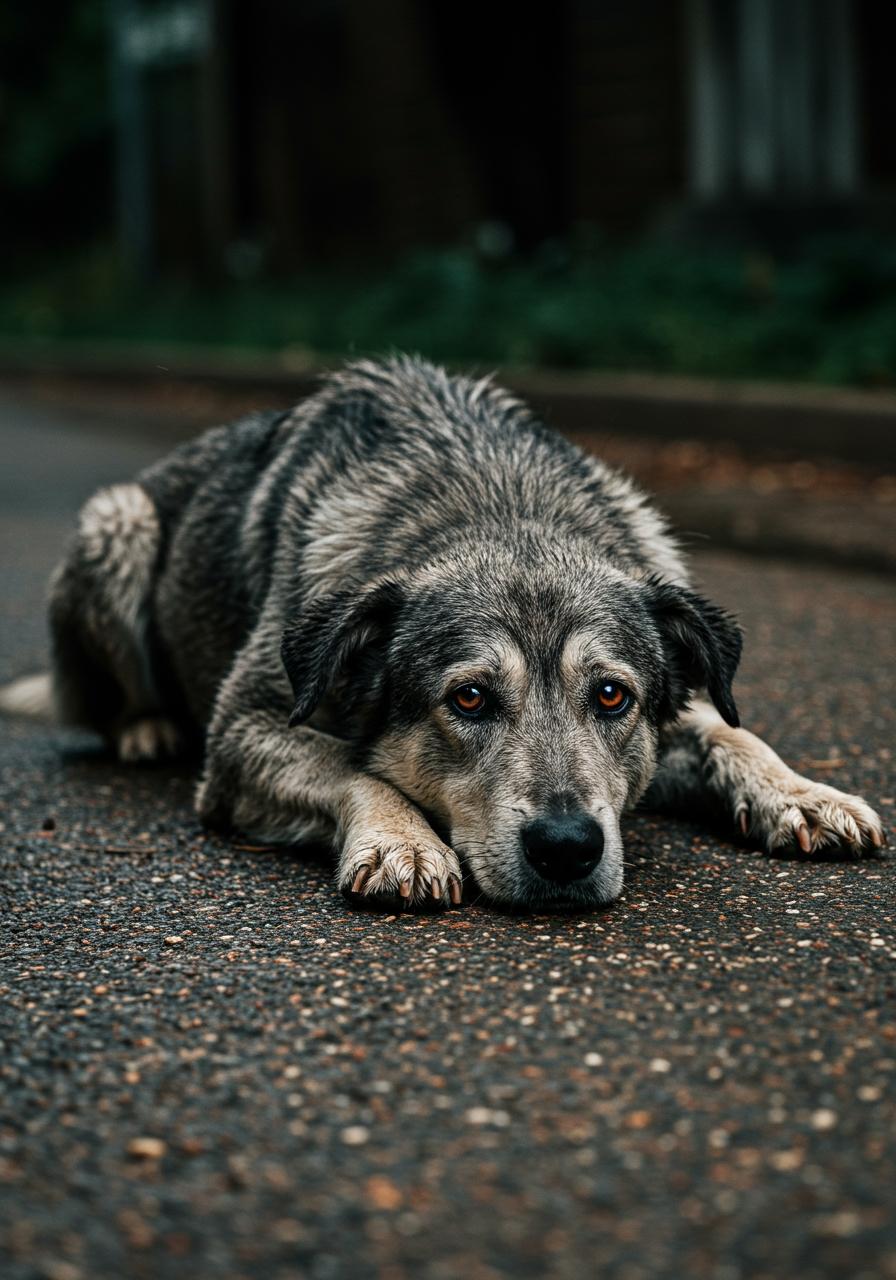 High quality, very detailed, cinematic, dynamic lighting, close up portrait, very old dog, wet gray fur, stray dog, sad, lying on the road, looking up, head down to the ground, dirty road, street, afternoon, rainy day, high angle shot