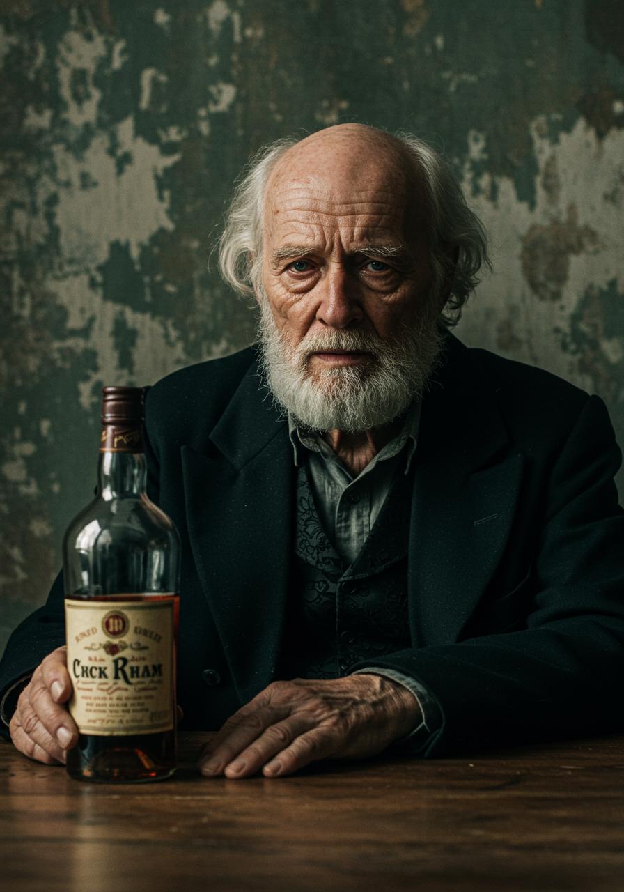 High quality, very detailed, cinematic, dynamic lighting, close up portrait, very old man, wrinkled, white hair, bald, beard, wearing formal worn black jacket and shirt, seated at a table with bottle of cheap rum, dirty wall background, worn out paint, sad expression, looking to viewer, despair, just cry