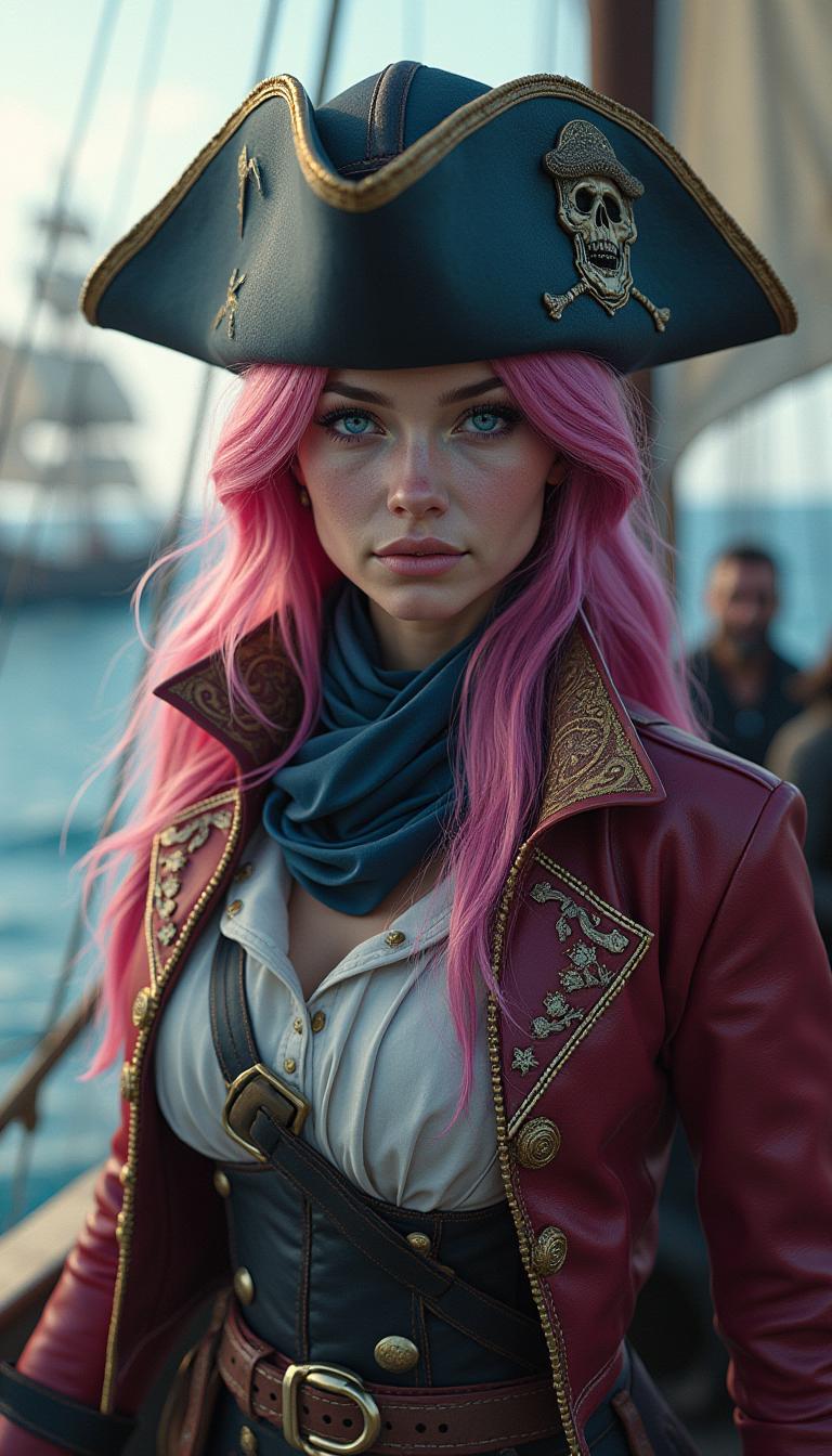 masterpiece, 4k, ray tracing, intricate details, highly detailed, hyper-realistic, 8k RAW, cyan skin with magenta hair, clear eyes, wearing a pirate captains uniform and hat background a science fiction pirate ship