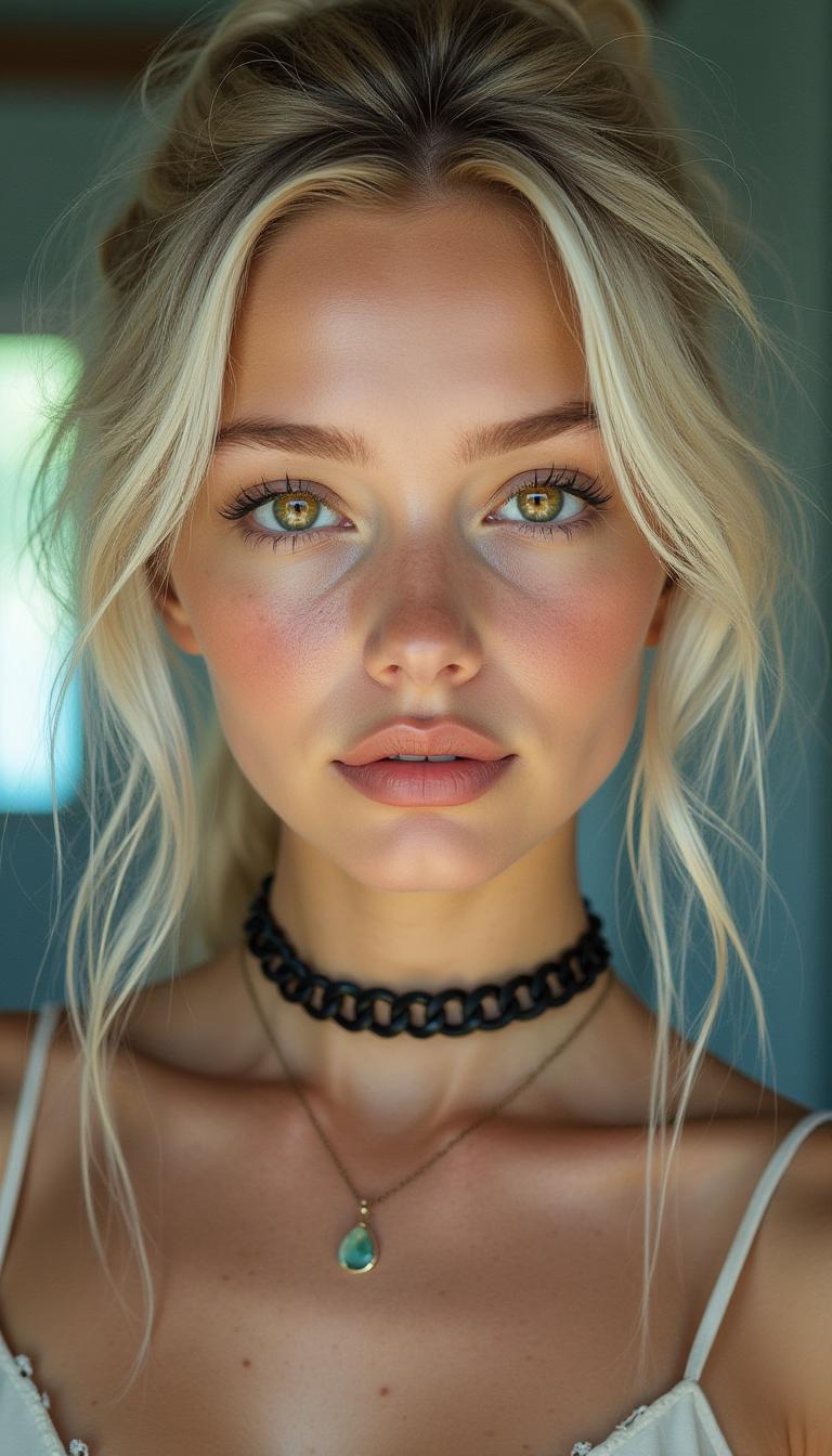 a lifelike portrait of a young woman with soft platinum-blonde hair styled in loose, tousled strands. Her glowing skin, adorned with delicate freckles, is illuminated by soft, ethereal lighting. She has amber-colored eyes with intricate, realistic detailing that draws focus. Her lips are glossy with a natural, peachy-pink hue, slightly parted in a thoughtful expression. A chunky black choker necklace sits snugly against her neck, adding contrast to her pale complexion. The background is softly blurred, with hints of cool blues and greens that enhance the dreamy, tranquil atmosphere. The fine details of her skin, strands of hair, and jewelry add to the photorealism.