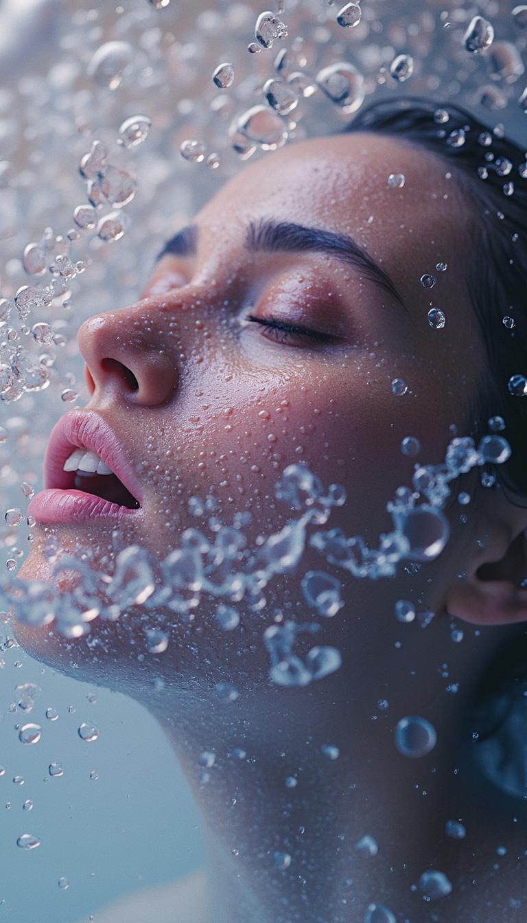 Create a surreal and artistic photograph of a woman's face dissolving in water, capturing the emotions and intensity of the moment, using a Nikon D850 camera paired with a Nikon AF-S NIKKOR 58mm f/1.4G lens, renowned for its exceptional bokeh and ability to create a dreamlike atmosphere, with a grainy texture and a subtle film grain effect added in post-processing to give the image a nostalgic and timeless feel, and a vibrant set of colors including shades of pink, purple, and blue to enhance the surreal quality of the image, with a soft and ethereal lighting and a subtle gradient of beige colors to add depth and emotion to the image, and a composition that focuses on the woman's face and the water, with her features slowly dissolving into the liquid, as if her emotions are washing away, creating a sense of introspection and emotional release, as if the woman is letting go of her fears and anxieties.