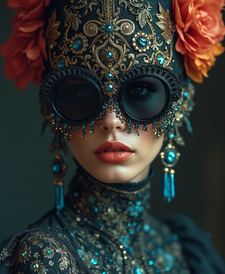 portrait of a sad elaborate veiled woman with her eyes obscured by black sunglasses, vibrant, elaborate, dramatic