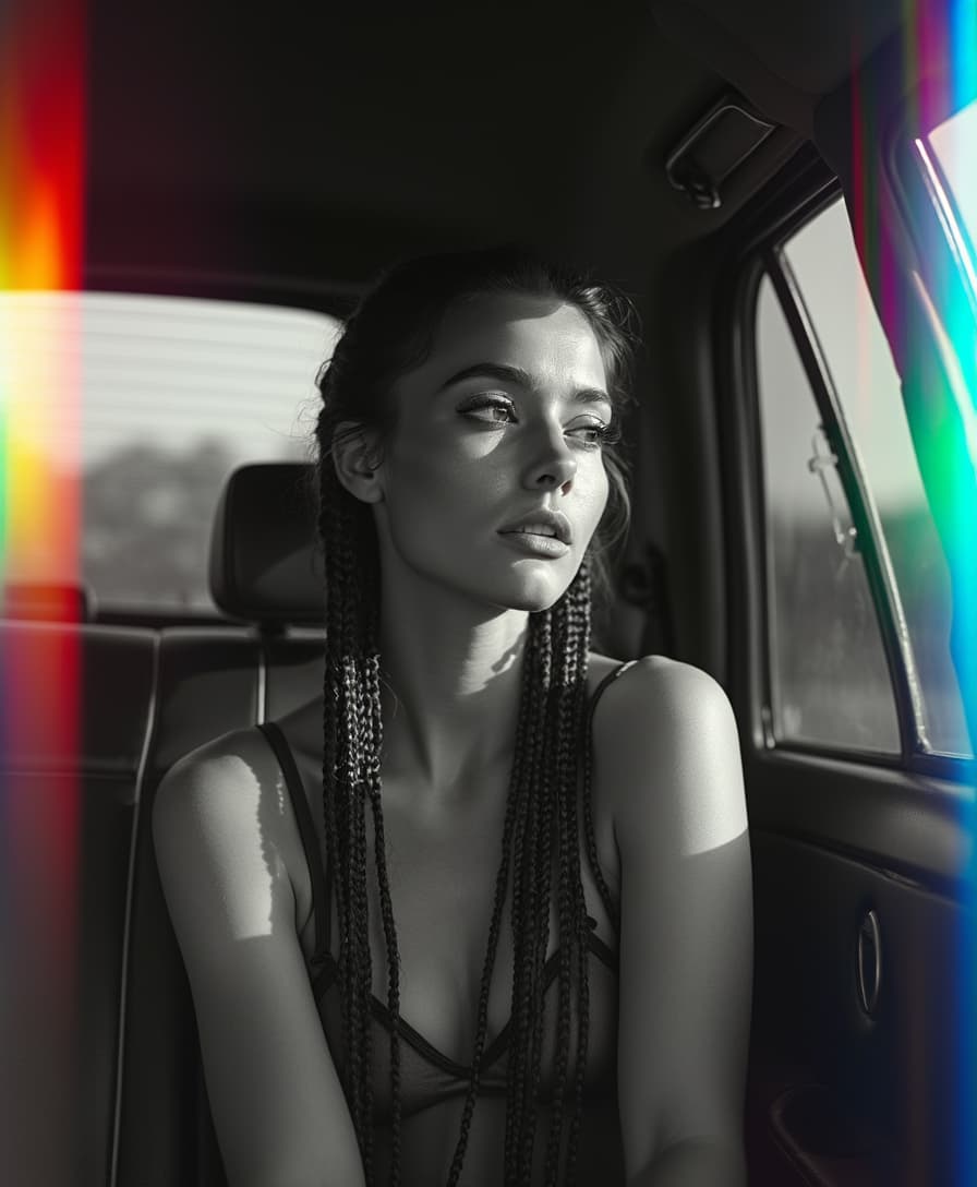 Minimalist photography of a woman with rainbow prism lighting, she is in her car looking out window, high contrast black and white, beautiful woman, long hair in braids, soft glow, high fashion, hasselblad photography