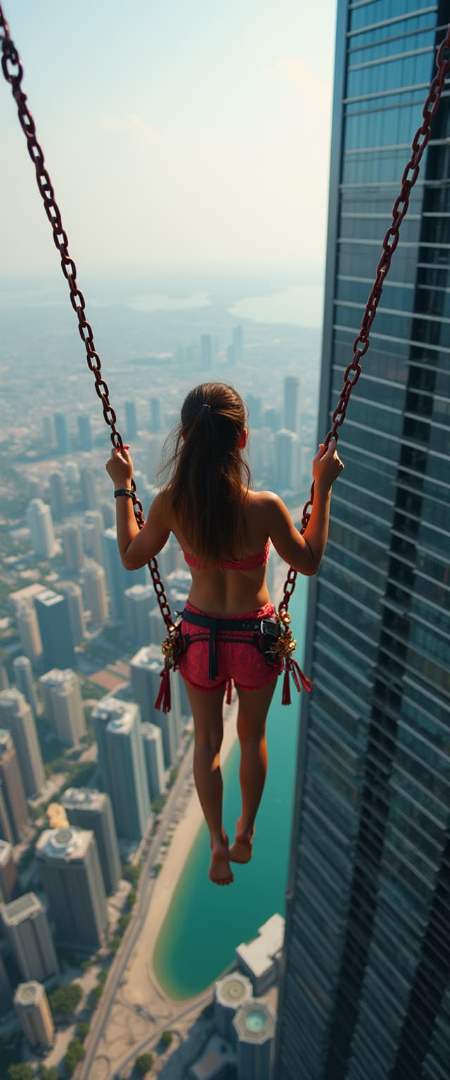 a free climber girl on swing between to very high sky scraper in Dubai city,  bokeh