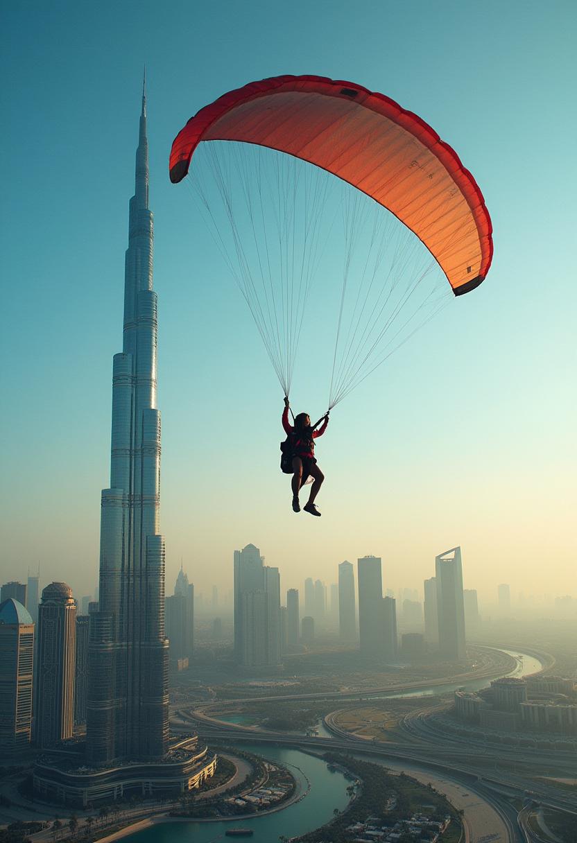 paraglider between very high sky scraper in Dubai city,  bokeh