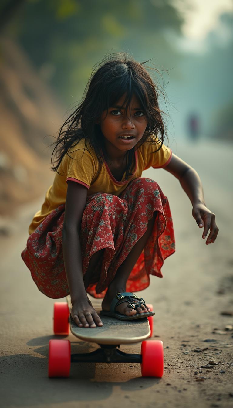 close up of poor bare food indian girl on a self constructed skateboard, driving down a steep dirty road, bokeh