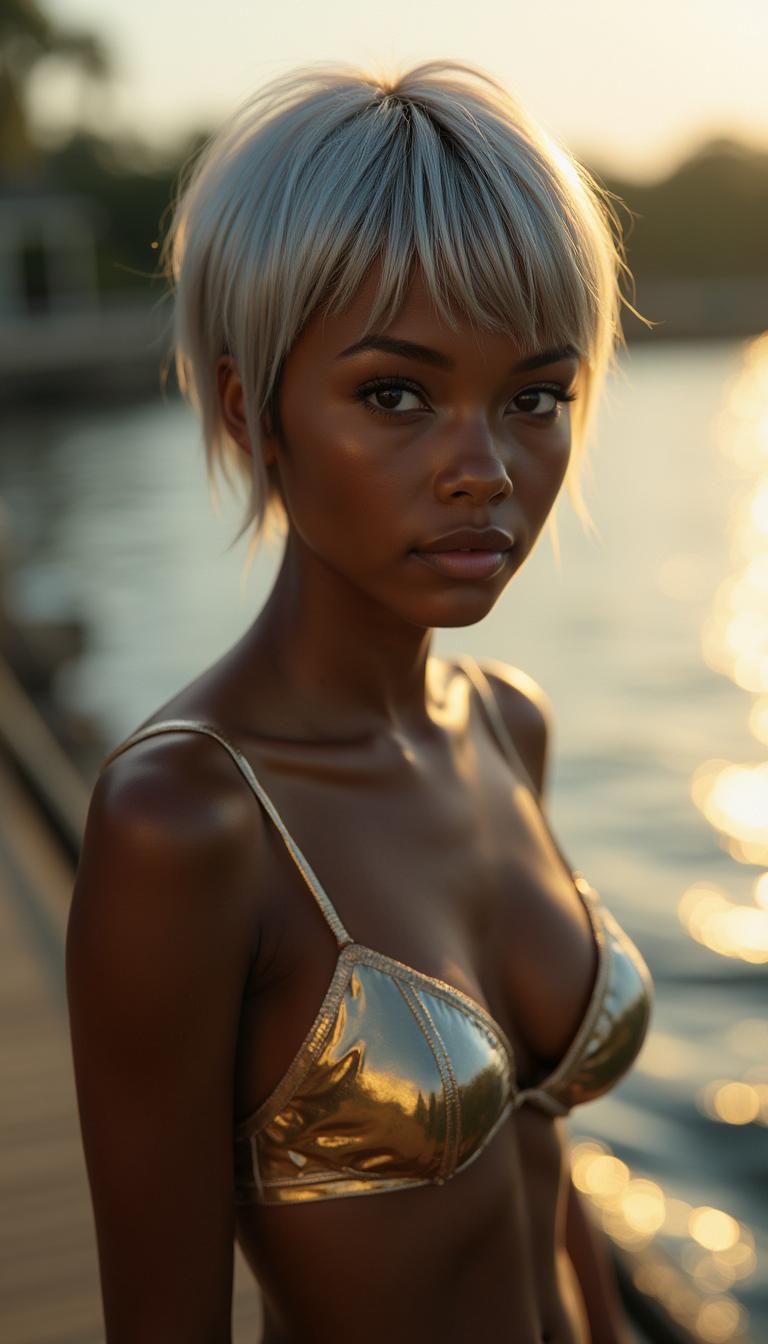 ramatic shadows, cinematic lighting, volumetric lighting, (light particles:1.3), backlighting, dappled light, from below, close up, girl, iridescent hair, Comb-Over Fade with Hard Part, pixie cut, gray eyes, dark skin, dark-skinned female, small breasts, makeup, collar,  gold bra, panties, three quarter view, , standing, standing on one leg, , BREAK, pier, stretching into water, scenic views, leisurely stroll, warm lighting, dim lighting, photorealistic, volumetric lighting, dappled light, light particles, dramatic shadows, cinematic lighting, in heat, photo background, (depth of field:1.1)