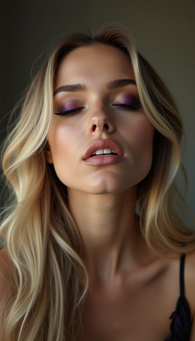glamorous photo, sharp detailed, an award winning Glamour photo of a woman with her eyes closed and her eyes closed, girl, solo, long hair, blonde hair, black makeup, dark purple eye shadow, mascara, simple background, closed mouth, closed eyes, lips, portrait, close-up, realistic , cinematic photography, film style, kodak film style, kodak motion picture, sharp, detailed, film color, different colors, detailed color, detailed background, detailed environment, creative, different, unique, awesome, high quality, 8k, film saturation, film contrast, Celluloid film, film still, movie still, cinematic light, different lighting, glamour photography style, high fashion, luxurious, extravagant, stylish, sensual, opulent, elegance, stunning beauty, professional, high contrast, detailed
