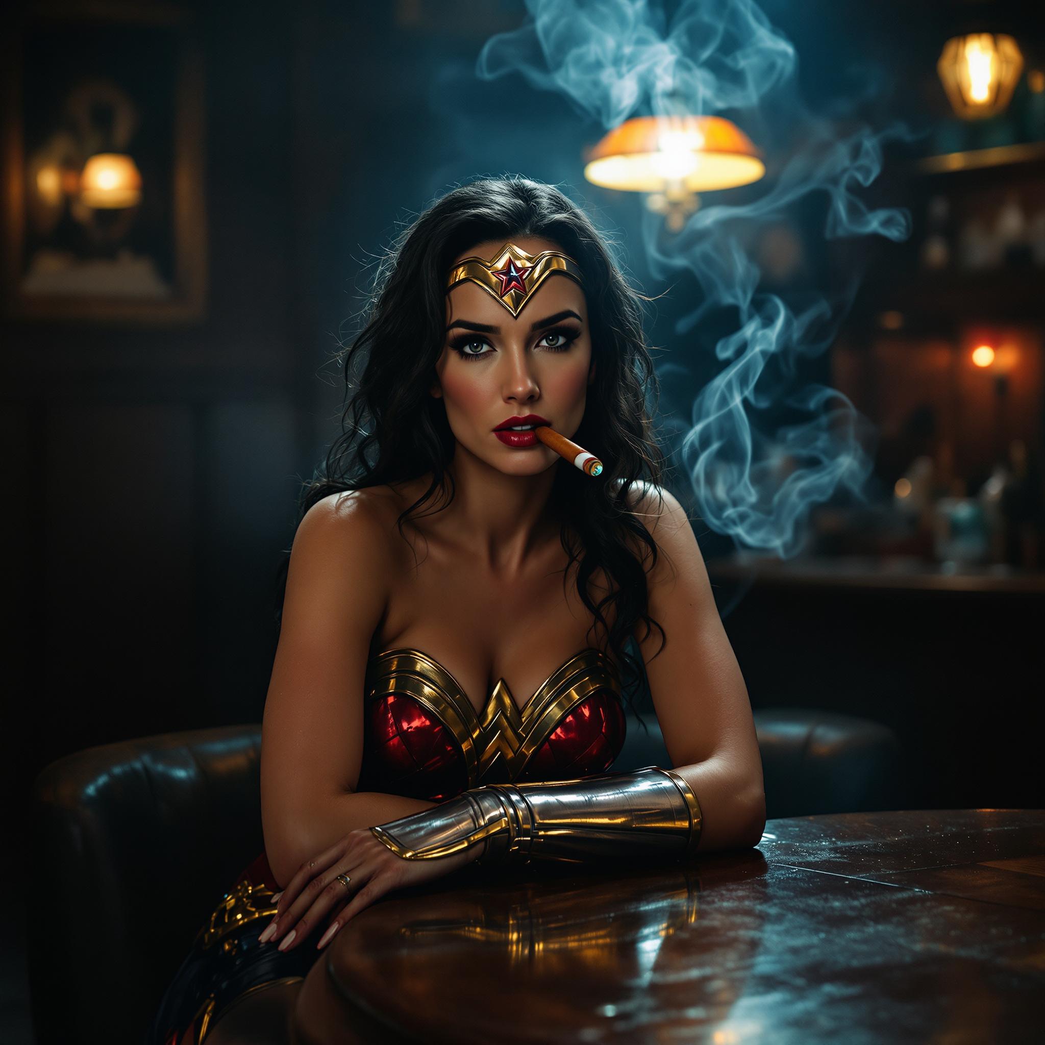 Capture a dynamic, cinematic scene of **Gal Gadot** as **Wonder Woman** in a **dimly lit, vintage bar** setting:

- **Subject**: Gal Gadot, embodying the fierce spirit of Wonder Woman, dressed in her iconic costume with subtle modifications for the bar environment; her costume reflects light with a **metallic sheen**, emphasizing the **gold and red** hues.
  
- **Action**: She's **sitting casually** at the bar, **leaning slightly forward** with a **confident posture**, her **right hand** elegantly holding a **smoking cigar**, the smoke **swirling** around her in a **mystical, almost otherworldly** manner.

- **Environment**: The bar is **dark** with **moody lighting**, **wooden panels** on the walls, **vintage lamps** casting **warm, amber light** that contrasts with the **cool blue** shadows. The **bar counter** is **well-worn**, reflecting the stories of countless patrons.

- **Details**: Wonder Woman's **Lasso of Truth** is draped around her waist, its **golden glow** faintly visible. The **bar background** has **blurry figures** of patrons, creating an **intimate, secretive atmosphere**. 

- **Lighting**: The scene is illuminated by **low-key lighting** with **high contrast**, highlighting Gal Gadot's face and the cigar smoke, creating **chiaroscuro** effects typical of **film noir**.

- **Mood**: The ambiance is **mysterious** and **intriguing**, with an **air of defiance** and **sophistication**, capturing the **essence of Wonder Woman** in a **non-traditional setting**.

- **Composition**: Use a **medium shot** with **shallow depth of field**, focusing on Gal Gadot, while the bar's **atmosphere** blurs into the background, emphasizing her **presence**. The **camera angle** is **slightly low**, giving her a **heroic stature**.

- **Artistic Style**: The image should evoke a **film noir** aesthetic, with **vintage photography techniques** like **graininess**, **shadows**, and **monochromatic tones** with selective colorization on Wonder Woman's costume.

This scene should blend **realism** with **fantasy**, creating a **believable, yet extraordinary** moment where Wonder Woman's **strength** and **character** shine through in an unexpected setting.