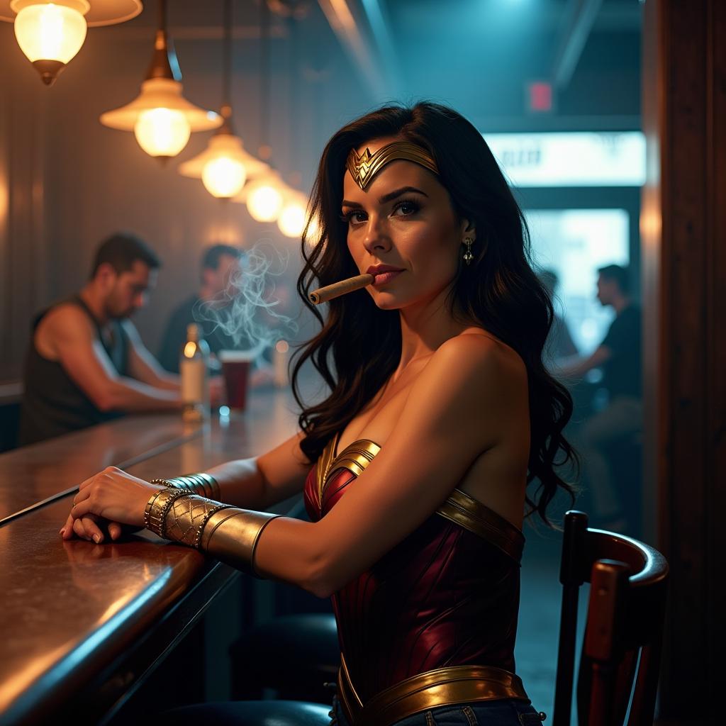 Capture a dynamic, cinematic scene of **Gal Gadot** as **Wonder Woman** in a **dimly lit, vintage bar** setting:

- **Subject**: Gal Gadot, embodying the fierce spirit of Wonder Woman, dressed in her iconic costume with subtle modifications for the bar environment; her costume reflects light with a **metallic sheen**, emphasizing the **gold and red** hues.
  
- **Action**: She's **sitting casually** at the bar, **leaning slightly forward** with a **confident posture**, her **right hand** elegantly holding a **smoking cigar**, the smoke **swirling** around her in a **mystical, almost otherworldly** manner.

- **Environment**: The bar is **dark** with **moody lighting**, **wooden panels** on the walls, **vintage lamps** casting **warm, amber light** that contrasts with the **cool blue** shadows. The **bar counter** is **well-worn**, reflecting the stories of countless patrons.

- **Details**: Wonder Woman's **Lasso of Truth** is draped around her waist, its **golden glow** faintly visible. The **bar background** has **blurry figures** of patrons, creating an **intimate, secretive atmosphere**. 

- **Lighting**: The scene is illuminated by **low-key lighting** with **high contrast**, highlighting Gal Gadot's face and the cigar smoke, creating **chiaroscuro** effects typical of **film noir**.

- **Mood**: The ambiance is **mysterious** and **intriguing**, with an **air of defiance** and **sophistication**, capturing the **essence of Wonder Woman** in a **non-traditional setting**.

- **Composition**: Use a **medium shot** with **shallow depth of field**, focusing on Gal Gadot, while the bar's **atmosphere** blurs into the background, emphasizing her **presence**. The **camera angle** is **slightly low**, giving her a **heroic stature**.

- **Artistic Style**: The image should evoke a **film noir** aesthetic, with **vintage photography techniques** like **graininess**, **shadows**, and **monochromatic tones** with selective colorization on Wonder Woman's costume.

This scene should blend **realism** with **fantasy**, creating a **believable, yet extraordinary** moment where Wonder Woman's **strength** and **character** shine through in an unexpected setting.
