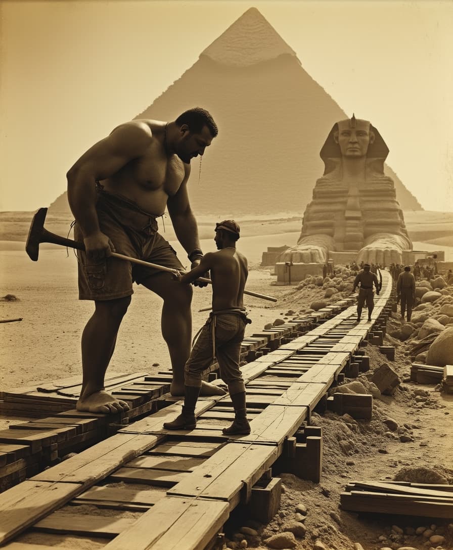 ((historical photography)), ((sepia color)), ((oil grain)), The Ramp Builders:A giant and a human work together to construct a long wooden ramp, essential for moving massive stones up to the growing Sphinx. The giant drives large stakes into the ground with a hammer, his broad back glistening with sweat, while the human worker organizes the planks and ties them together with rope. The background features the Sphinx in the early stages of its construction, its body rising out of the golden sands. The sun casts long shadows, and workers hurry back and forth, carrying tools and materials.