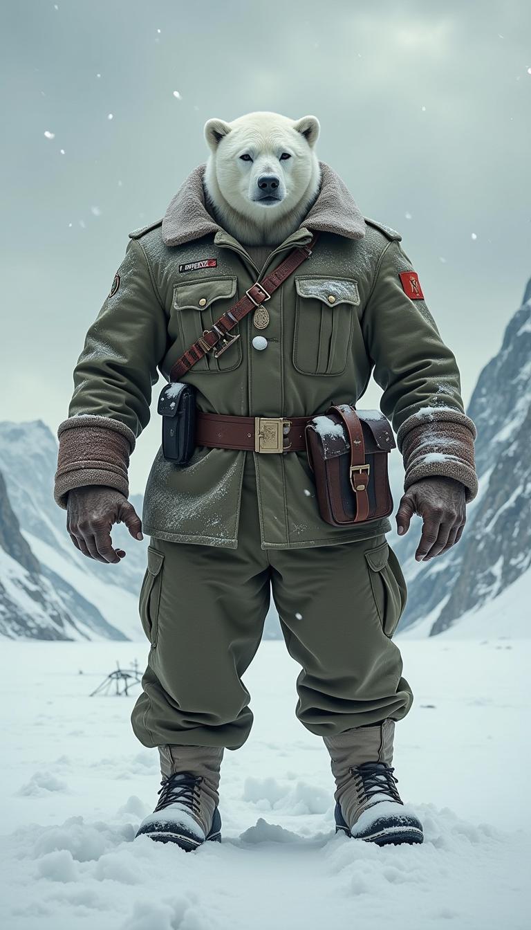 The image depicts a formidable Russian soldier standing imposingly in a desolate, snow-covered landscape. His human body is muscular and powerful, showcasing finely sculpted muscles that reflect both strength and brutality. The soldier's head, resembling that of a polar bear, features a thick, white fur covering and sharp, piercing eyes that exude intelligence and ferocity. He wears a weathered Russian military uniform, blending earthy tones of green and brown with patches of white snow, designed to withstand extreme cold. The uniform is adorned with insignias and medals, hinting at his valor and experience. In the background, a stark, icy terrain stretches into the horizon, with jagged mountains and swirling snowflakes caught in a fierce wind, creating a sense of isolation and harshness. The sky above is a muted gray, heavy with clouds that threaten more snow, casting a somber light over the scene. The composition is dynamic, with the soldier positioned slightly off-center, creating a sense of movement as if he is preparing to confront an unseen foe. The low angle perspective emphasizes his imposing stature, while the soft, diffused lighting enhances the textures of his fur and uniform, contrasting against the cold, hard landscape. Keywords: surrealism, realism, dramatic, high contrast, dynamic composition, low angle perspective, muted color palette, soft lighting, detailed textures, tension.
