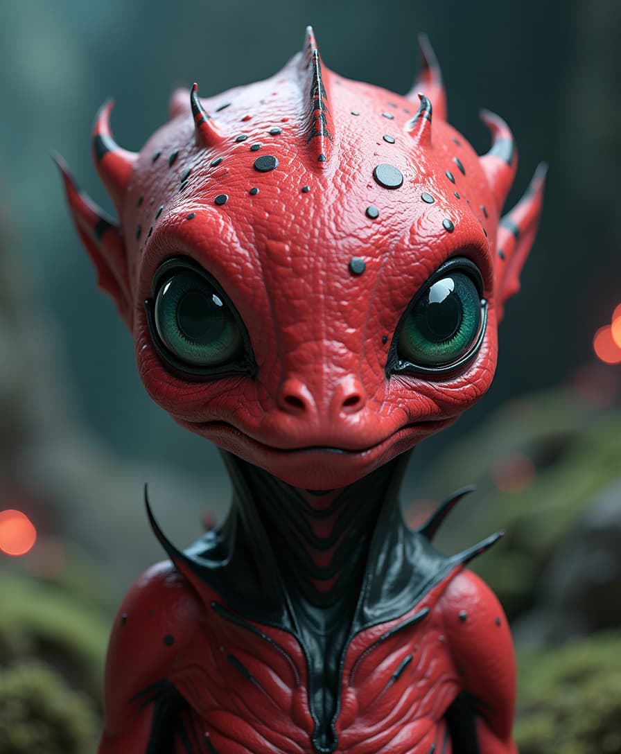 A close-up portrait of an alien creature, rendered in a hyperrealistic 3D style. Its skin is a vibrant, glossy red, speckled with dark, almost black, circular markings. The creature has large, expressive eyes with a teal or bluish-green iris, and a small, almost pouty mouth. Its head is somewhat bulbous, and its body is adorned with sharp, spiky protrusions, particularly around the neck and shoulders. Set against an alien world, the environment features surreal landscapes filled with bioluminescent flora and floating rock formations, creating a sci-fi atmosphere. The background is a dark, out-of-focus blur, enhancing the otherworldly feel. The overall mood is a blend of curiosity and slight unease; the creature is both captivating and slightly unsettling. High-contrast lighting emphasizes the glossy texture of the skin and the sharp details of the protrusions, with vibrant red and dark accents standing out vividly against the alien backdrop. The focus remains on the creature's expressive eyes and unique features, drawing the viewer deeper into this intriguing sci-fi realm.