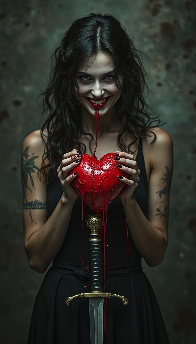 a woman holding a beating heart with a cruel smile holding a sword in her other hand. background dark and eerie with a valentine's theme