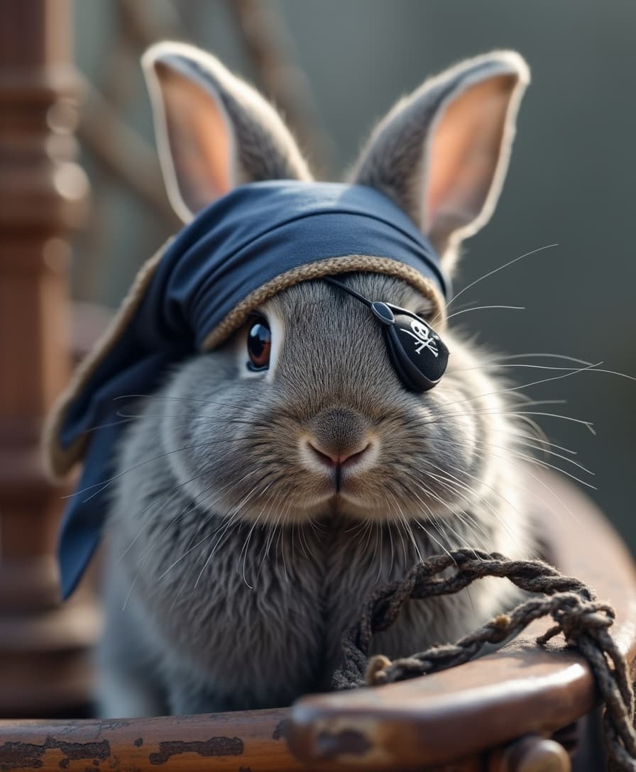 A cute small gray bunny with a pirate eye patch on its right eye on a pirate ship