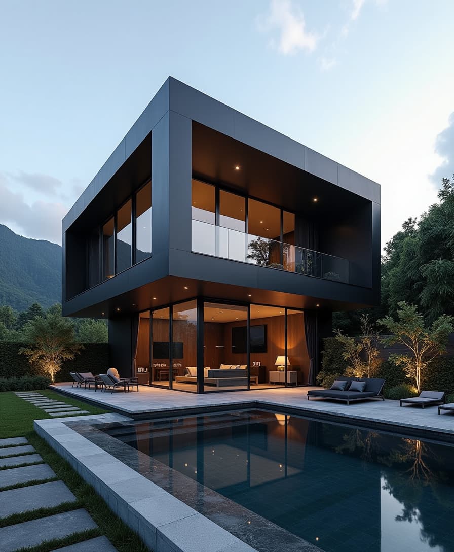 A luxurious modern blackand big tower with a sleek, minimalist design, featuring large floor-to-ceiling glass windows that reflect a serene evening sky. The structure has clean, geometric lines with a combination of matte black and glossy black finishes. Surrounding the house is a beautifully landscaped garden with subtle lighting along stone pathways, a tranquil infinity pool, and contemporary outdoor furniture. The background includes a stunning view of a forest or mountain, with the house exuding sophistication and exclusivity.