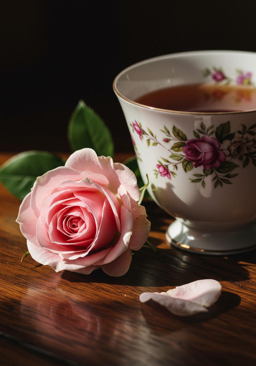 The image features a delicate rose flower positioned gracefully beside an elegantly designed tea cup, creating a serene and inviting composition. The rose, with its soft petals in varying shades of pink, contrasts beautifully against the porcelain tea cup adorned with intricate floral patterns. Soft, natural lighting bathes the scene, casting gentle shadows that enhance the textures of the petals and the smooth surface of the cup. The framing is intimate, focusing closely on the interplay between the rose and the tea cup, evoking a sense of warmth and tranquility. This still life captures the essence of a cozy afternoon tea, inviting viewers to appreciate the beauty of nature and the simple pleasures of life.