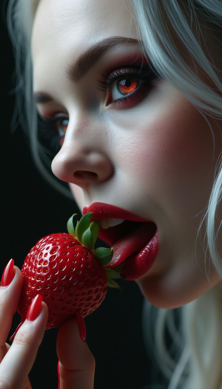 Masterpiece, high detail, extreme closeup portrait of a beautiful vampire woman with piercing red eyes. She has long silver hair, dark, smoky eyeshadow that enhances her piercing gaze, and blood-red lips slightly parted to reveal sharp fangs as she bites into a crimson strawberry dripping with blood. Her expression is seductive and erotic, drawing the viewer in with an intense, direct gaze. Her tongue is glistening wet with saliva The composition highlights her side profile, emphasizing the curve of her jaw, her cute nose and the delicate details of her features. The dark background contrasts with the luminous tones of her skin and hair, enhancing the blood droplets glistening on the strawberry. Hyperdetailed concept art with HD8K resolution, designed for a high-definition wallpaper. The atmosphere is alluring and mysterious, capturing her sensual and predatory essence. 