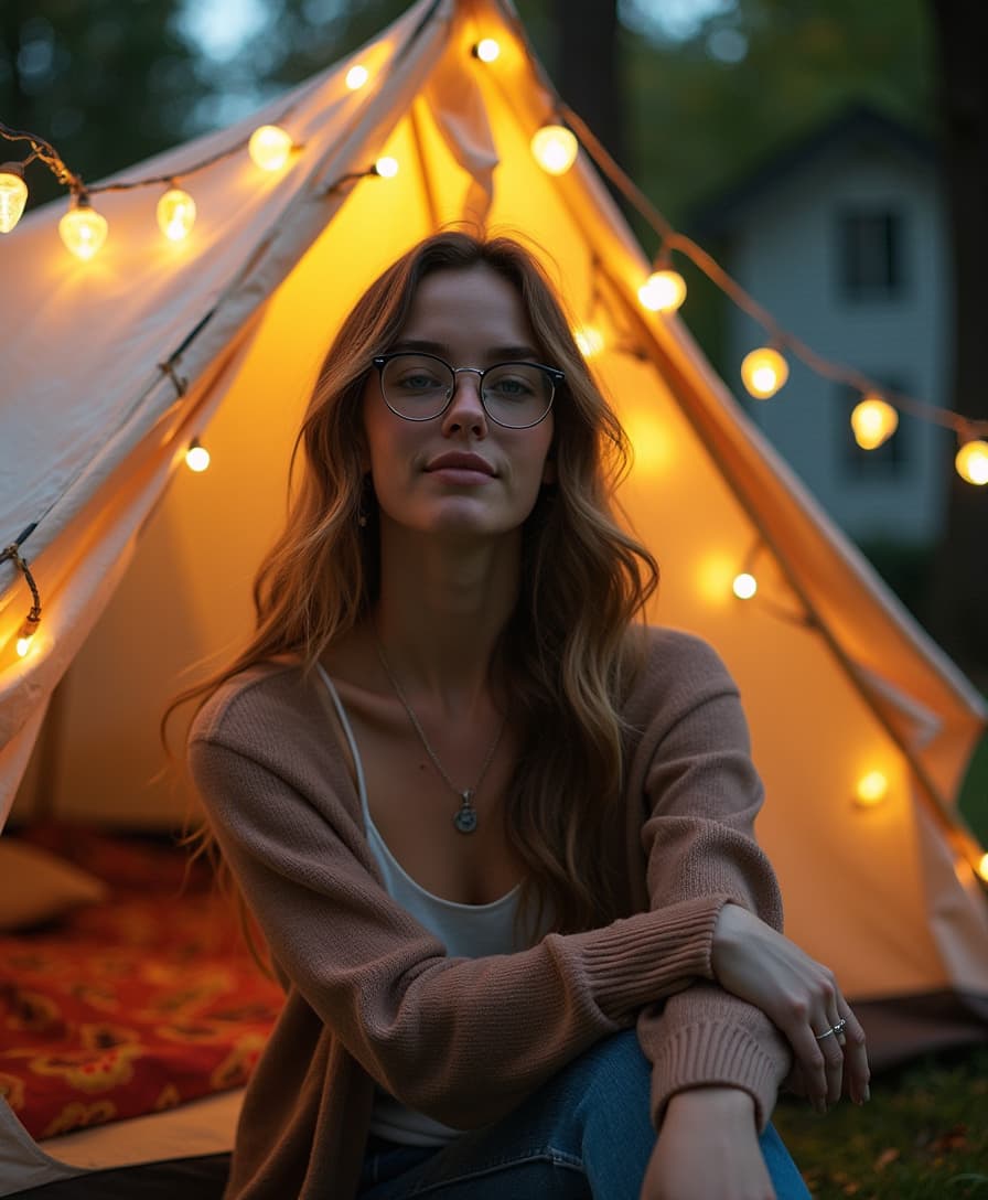 A mobile photo of a white woman. She is wearing clothes, and glasses, . She is in a pose: model pose, in a backyard tent, where string lights create a cozy glow.