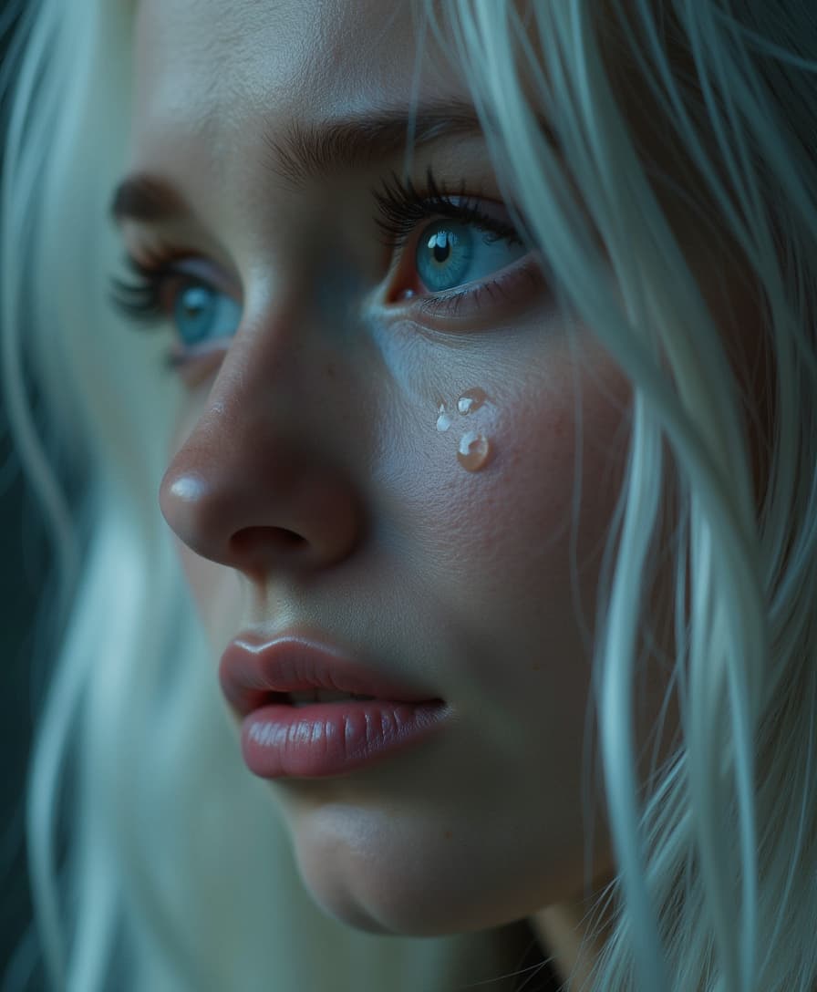 cinematic film still of  crying style, a closeup of a white woman with tears on her face is crying., 1girl, solo, blue eyes, white hair, tears, lips, eyelashes, portrait, close-up, realistic, nose, looking afar, crying, sad, teary face, tears, crying style, long hair, photorealistic, closeup, profile, tear drop:1, blurry, crying with eyes open , shallow depth of field, vignette, highly detailed, high budget, bokeh, cinemascope, moody, epic, gorgeous, film grain, grainy