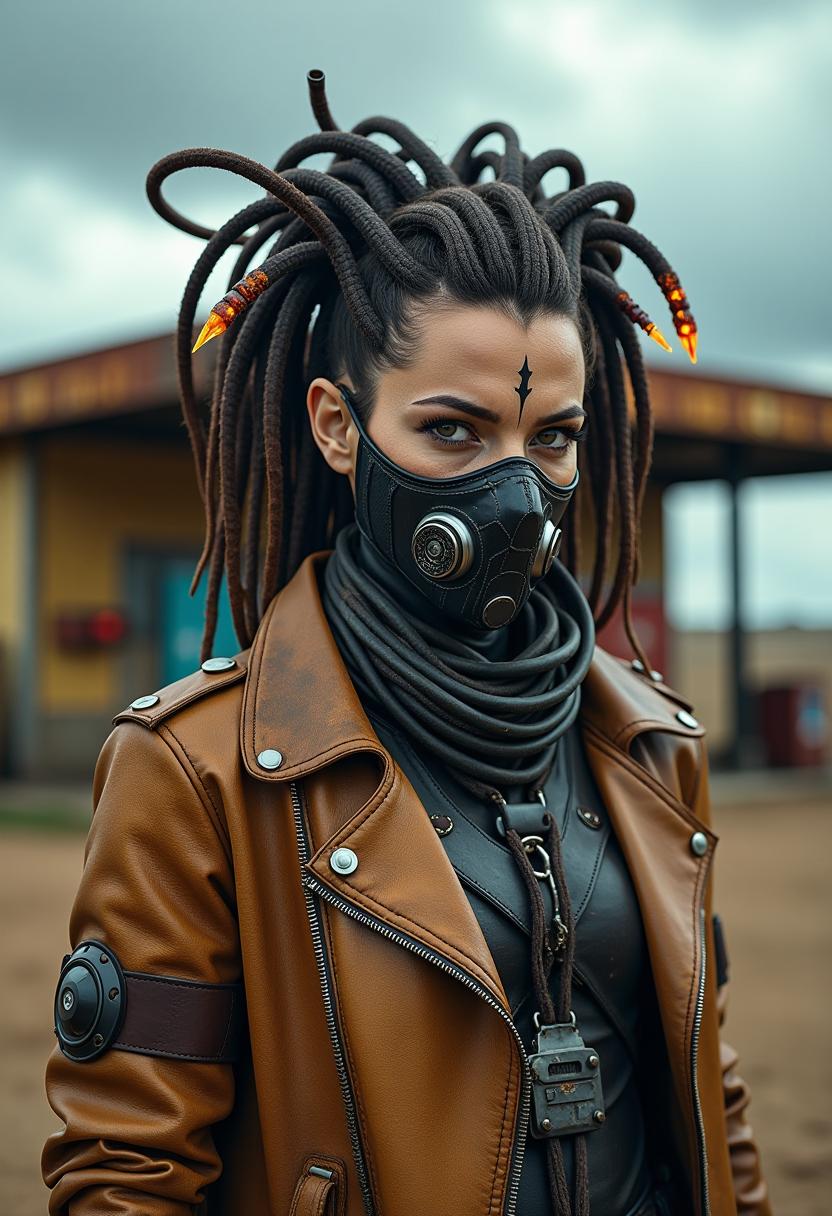 A post-apocalyptic cybernetic warrior standing in front of an abandoned, rusted gas station in a desolate wasteland. The character has a biomechanical mask covering the lower half of their face, with dark, piercing eyes and skin fused with metal components. Their head is adorned with thick, ribbed cables extending outward like mechanical dreadlocks, with glowing ember-like tips. The outfit consists of a weathered leather jacket with heavy tubing wrapped around their neck and shoulders, exuding a gritty, dystopian aesthetic. The background features an overcast sky with stormy clouds, and the gas station is covered in rust and decay, emphasizing the abandoned, harsh environment. The lighting is moody, with high-detail textures and a cinematic composition. The overall color palette is dark and earthy, with burnt orange and steel tones dominating the scene