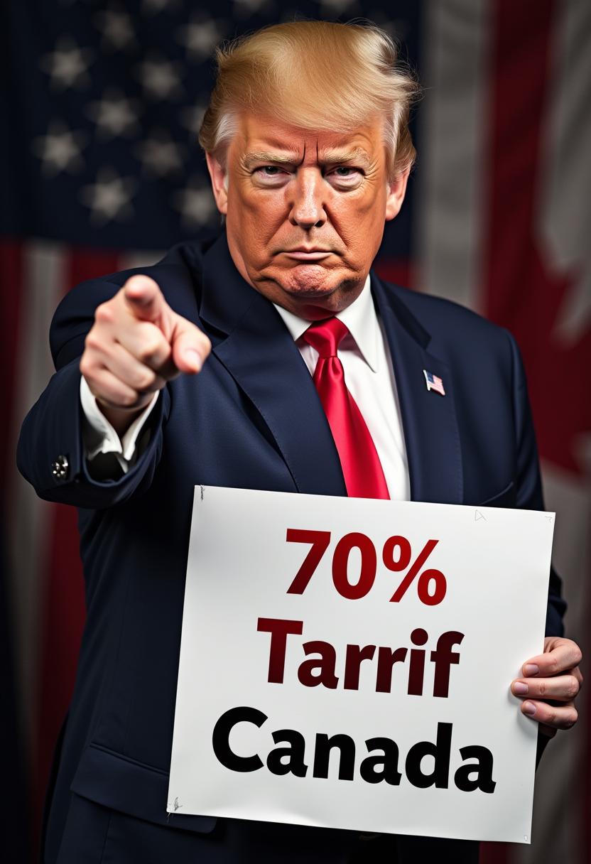 Create an image of Donald Trump pointing at the viewer and holding a sign with the words "70% Tarrif Canada " 