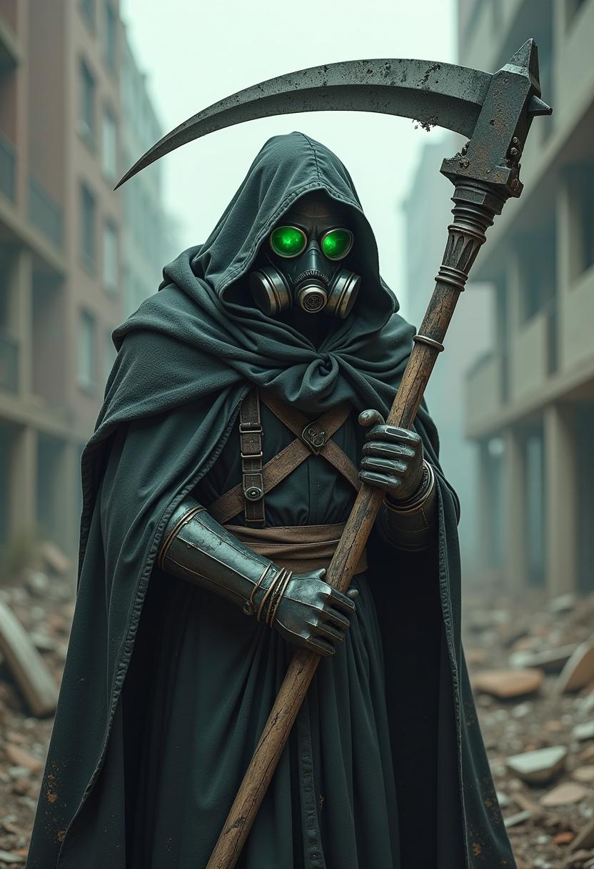 A figure of a dark reaper in a post-apocalyptic world, dressed in dark, worn armor and wrapped in a ragged, long cloak with a hood. His face is hidden by a gas mask with a filter and shiny visors and green goggles - he holds a large, mechanical scythe with a blade full of scratches and technological details, directed to the side. Background: destroyed, abandoned buildings, covered in dust and rubble, emphasizing the atmosphere of the fall of civilization. ultra-detailed, ultra-photographic, dark