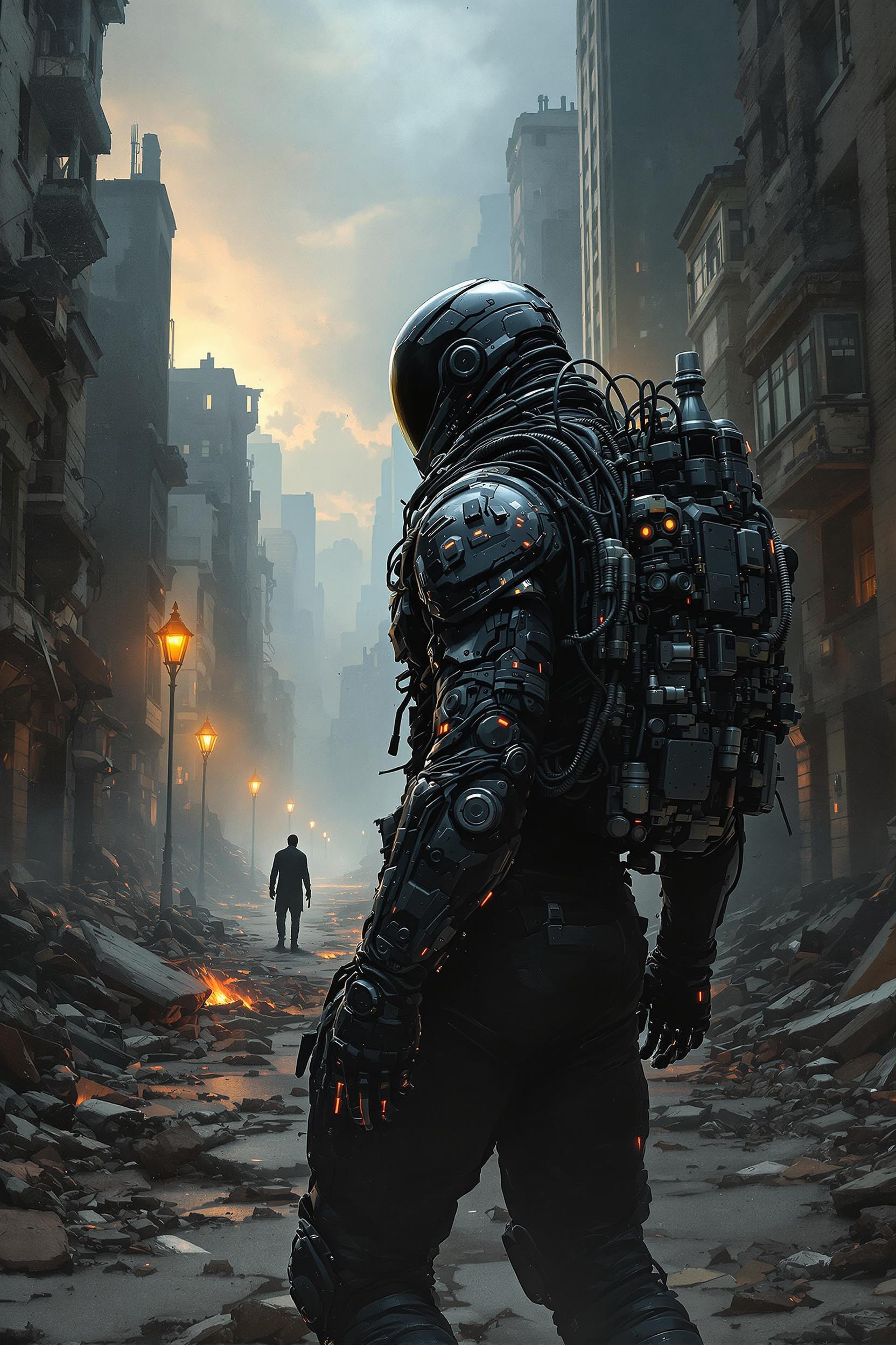 A post-apocalyptic city engulfed in ruins and chaos, presented in a dark style with a huge amount of detail. In the center of the frame, a built soldier in futuristic armor with a technologically advanced backpack full of wires and modules. His silhouette, in the foreground, emerges against the background of destroyed buildings and a street covered in rubble. In the distance, a figure of a lonely man is visible - both figures are preparing for a duel. ultra-detailed and oil painting