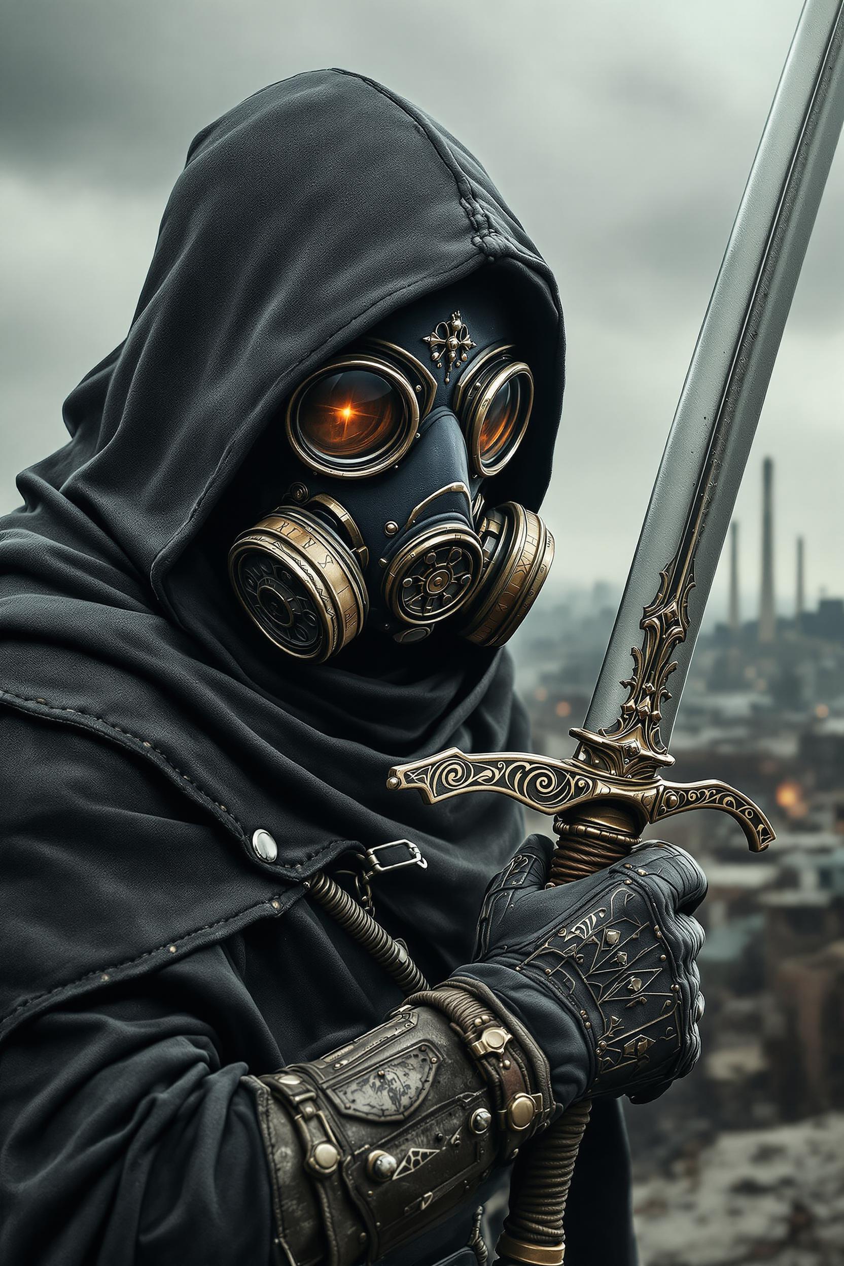A post-apocalyptic warrior wearing a dark, weathered hooded cloak and an intricate, steampunk-inspired gas mask with large circular lenses and metallic filters. The mask has a detailed, industrial design with engravings and mechanical elements. The warrior grips a finely crafted sword with an ornate hilt, featuring engravings and a wrapped handle, exuding a mix of medieval and futuristic aesthetics. The gloves are made of worn leather with metallic buckles and reinforced stitching. The background depicts a desolate, ruined city with abandoned buildings and distant industrial smokestacks under a gray, cloudy sky, emphasizing the dystopian and war-torn atmosphere. The overall tone is dark, gritty, and cinematic, evoking a sense of mystery and resilience in a harsh, unforgiving world