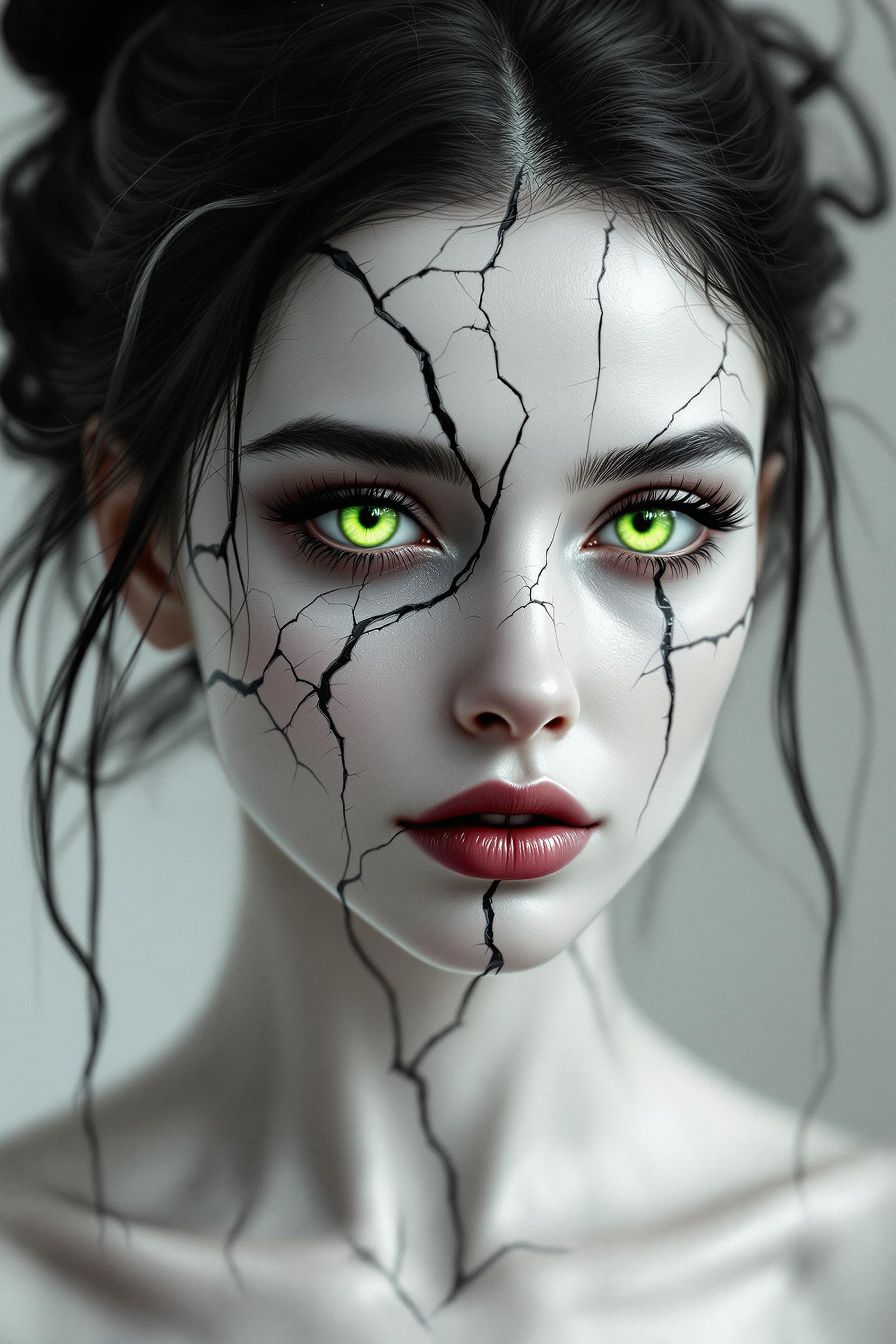 A mesmerizing, surreal portrait of a woman with delicate, subtle facial features - made of perfectly gleaming porcelain, made in the style of a black and white illustration. Her expressive, melancholic gaze seems to penetrate the observer. The woman's face is delicately cracked like old porcelain or cracked paint on a wall, with deep cracks running across her forehead, cheeks and neck. The woman has mesmerizing, brightly glowing, green eyes - like a cat. The hair is black, loosely pinned up, with single strands of gray and a streak of red, falling around the face, giving it an ethereal and mysterious look. The black elements on the silhouette contrast with the bright, almost white background, reinforcing the impression of fragility and decay. The whole composition gives the impression of a subtle deconstruction of identity, symbolizing the inner emotional cracks and delicacy of the human psyche. HD 8k ultra-detailed ultra-natural ultra-photographic image - thought-provoking