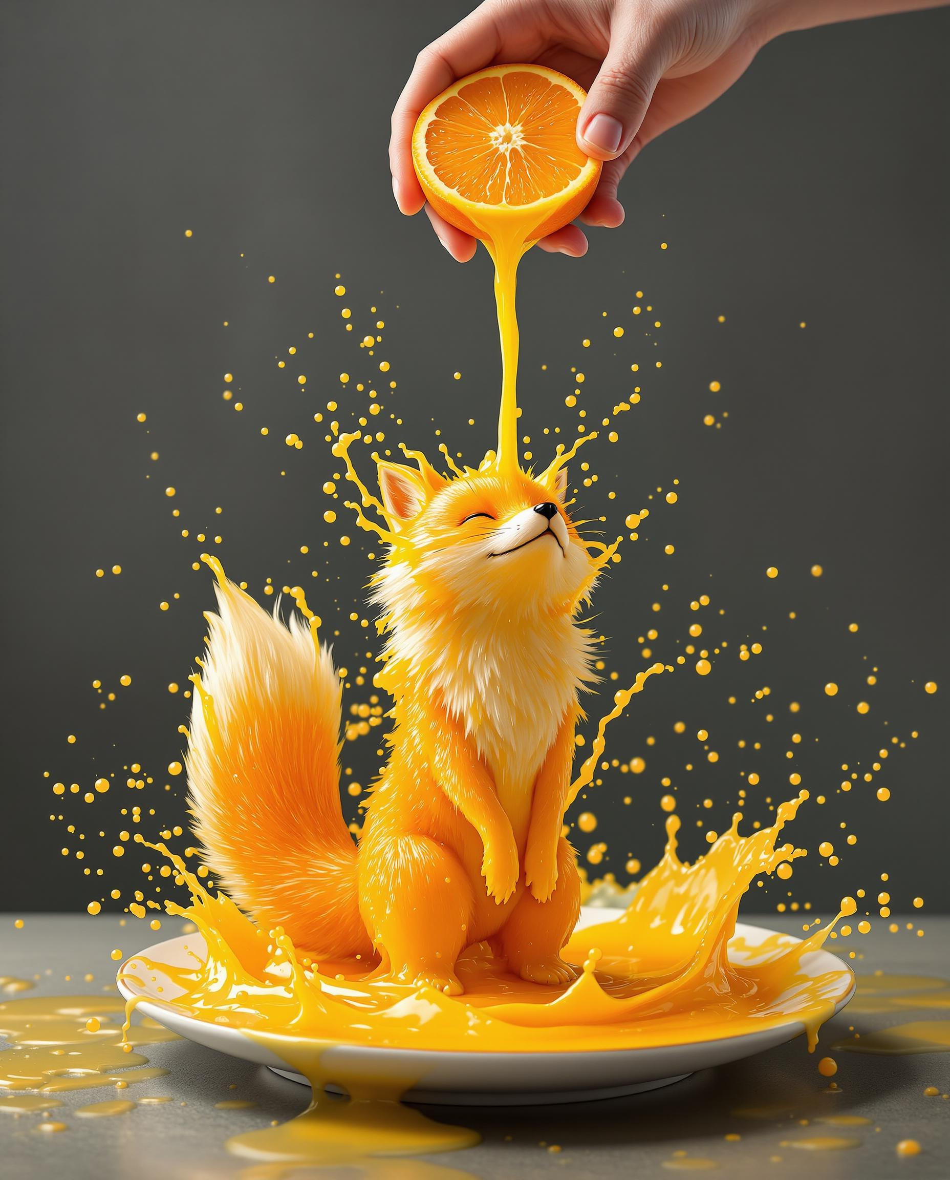at the top, the hand squeezes half an orange, the juice flows from it onto a plate in the form of an orange dancing kitsune fox completely made of juice, a whirlwind of splashes background dark gray kitchen