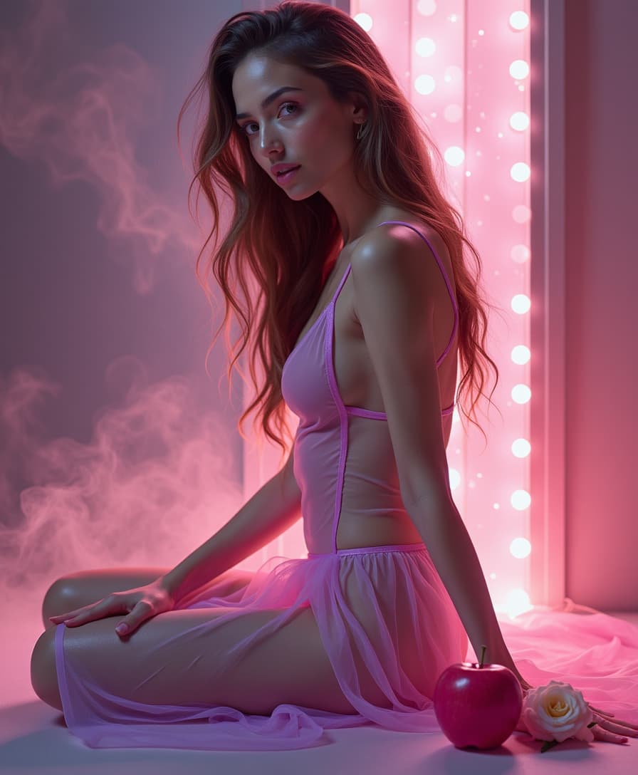 POV side profile professional tastefully done image of very beautiful nude model sitting with see through lime pink purple dress sharp loose long hair features airbrushed effect vector graphics, in the foreground is a crystal apple and a bright pale pink rose with a bright starry smoky background