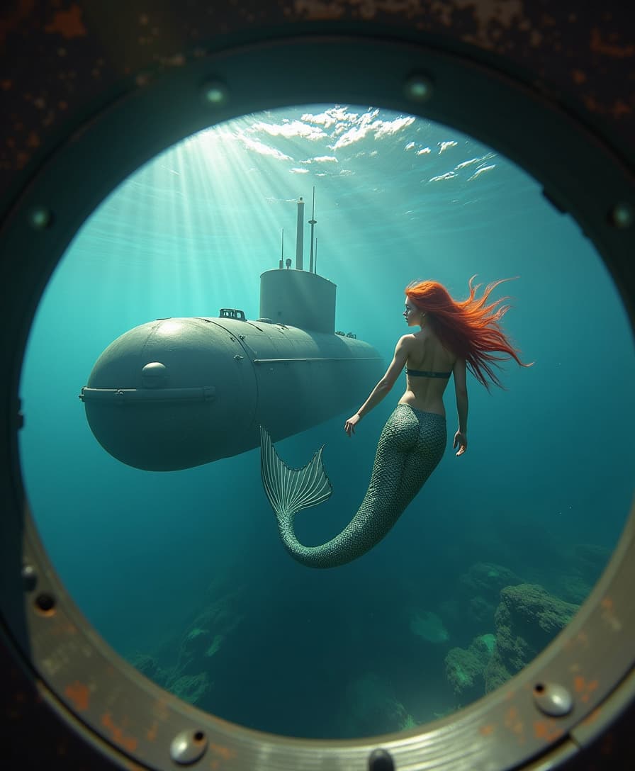 POV looking through a porthole, a beautiful sexually revealing mermaid girl with a beautiful tail swims underwater next to a modern submarine. The mermaid has long red hair. Realistic photo, high quality.