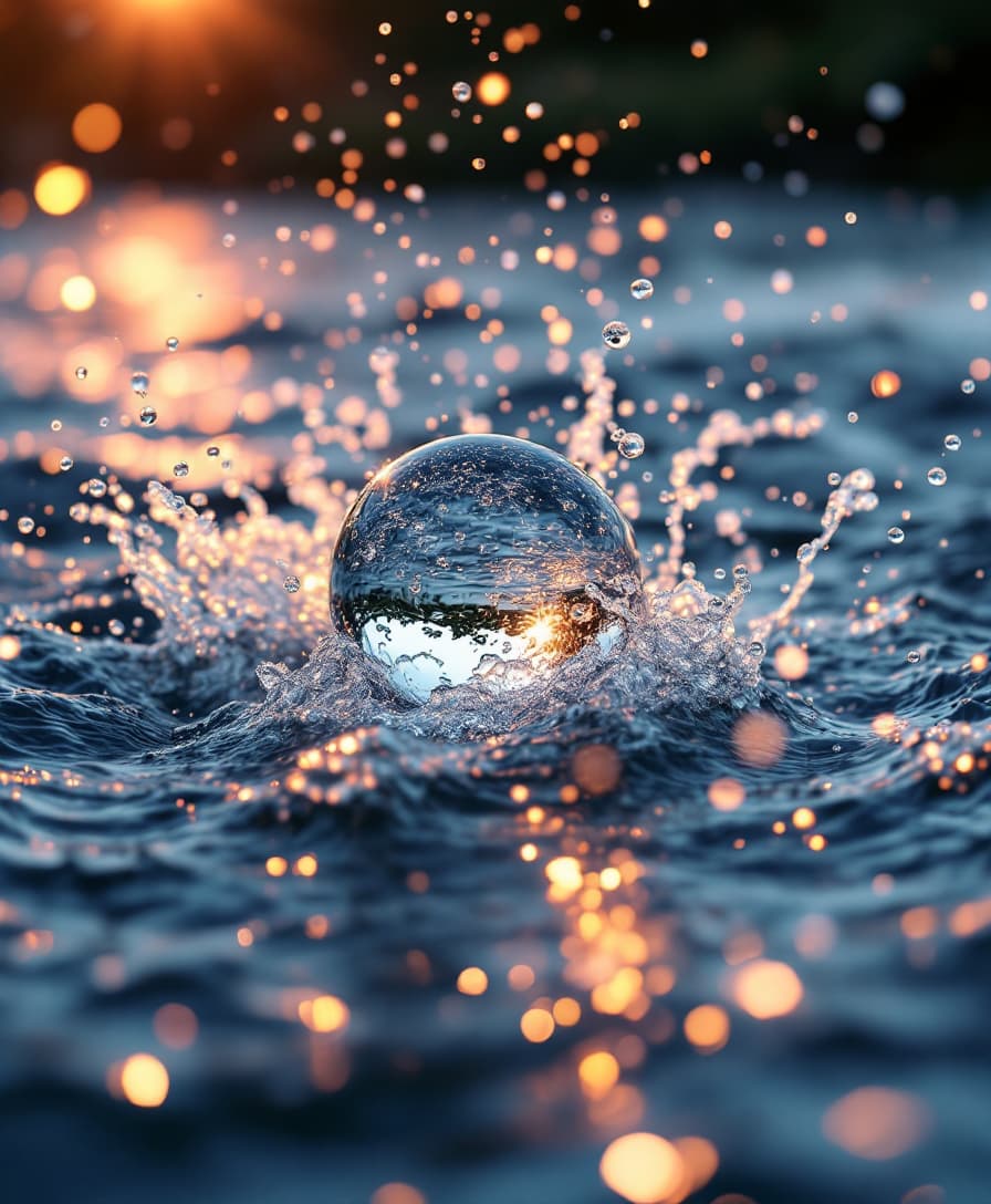 Echo, gentle. sunset, water, movement, dawn, silver, crystal osmium transparent glass ball flows in waves of, splashed water, sparks, sparkles, sparkling flashes, Very beautiful, lovely, sharp, glitter, cgi, hdr+, 5d.