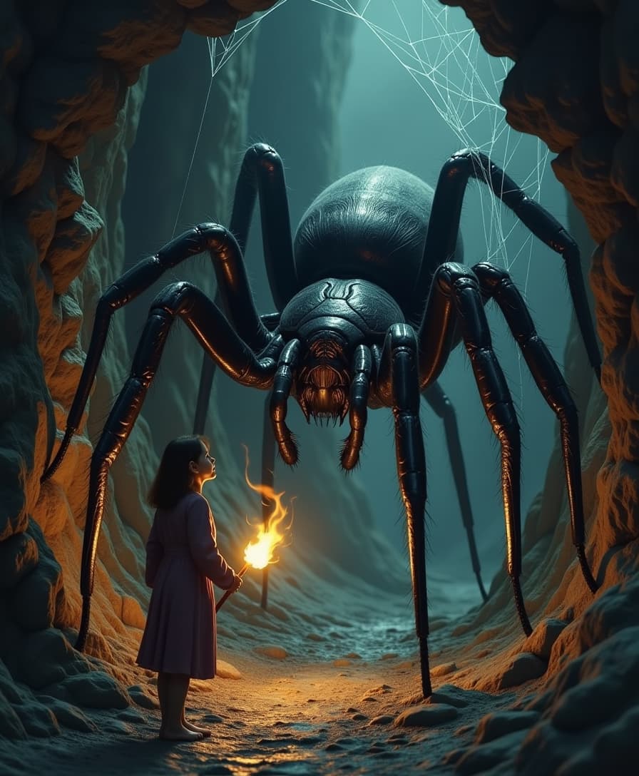 She guides the torch toward the corner, revealing a web-laden alcove. Suddenly, her eyes widen as she witnesses a massive black spider, the size of a car, perched ominously, its glossy body glinting in the torchlight, with legs sprawling grotesquely across the ground., eye catching, drab