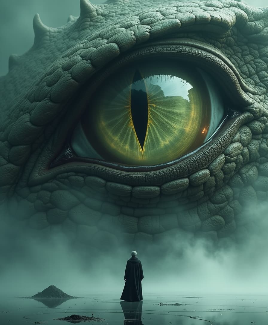 a striking and surreal scene that combines elements of both the natural world and fantasy. Dominating the composition is a massive, reptilian eye, filling almost the entire frame. The eye is highly detailed, with a slit-like pupil that suggests it belongs to a large, powerful creature, perhaps a dragon or another mythical being. The texture around the eye is rugged and scaly, giving the impression of ancient, weathered skin. In the lower portion of the image, a solitary human figure stands before the eye, dressed in a flowing black robe. The figure is tiny in comparison to the colossal eye, emphasizing the vast difference in scale and power between the two. The person stands on a surface that appears to be water or mist, which reflects the eerie, otherworldly light that surrounds the scene. The atmosphere is misty and dreamlike, adding to the sense of mystery and awe. Overall, the image is both dramatic and thought-provoking, blending cultural elements with a fantastical imagination to create a visually captivating scene.