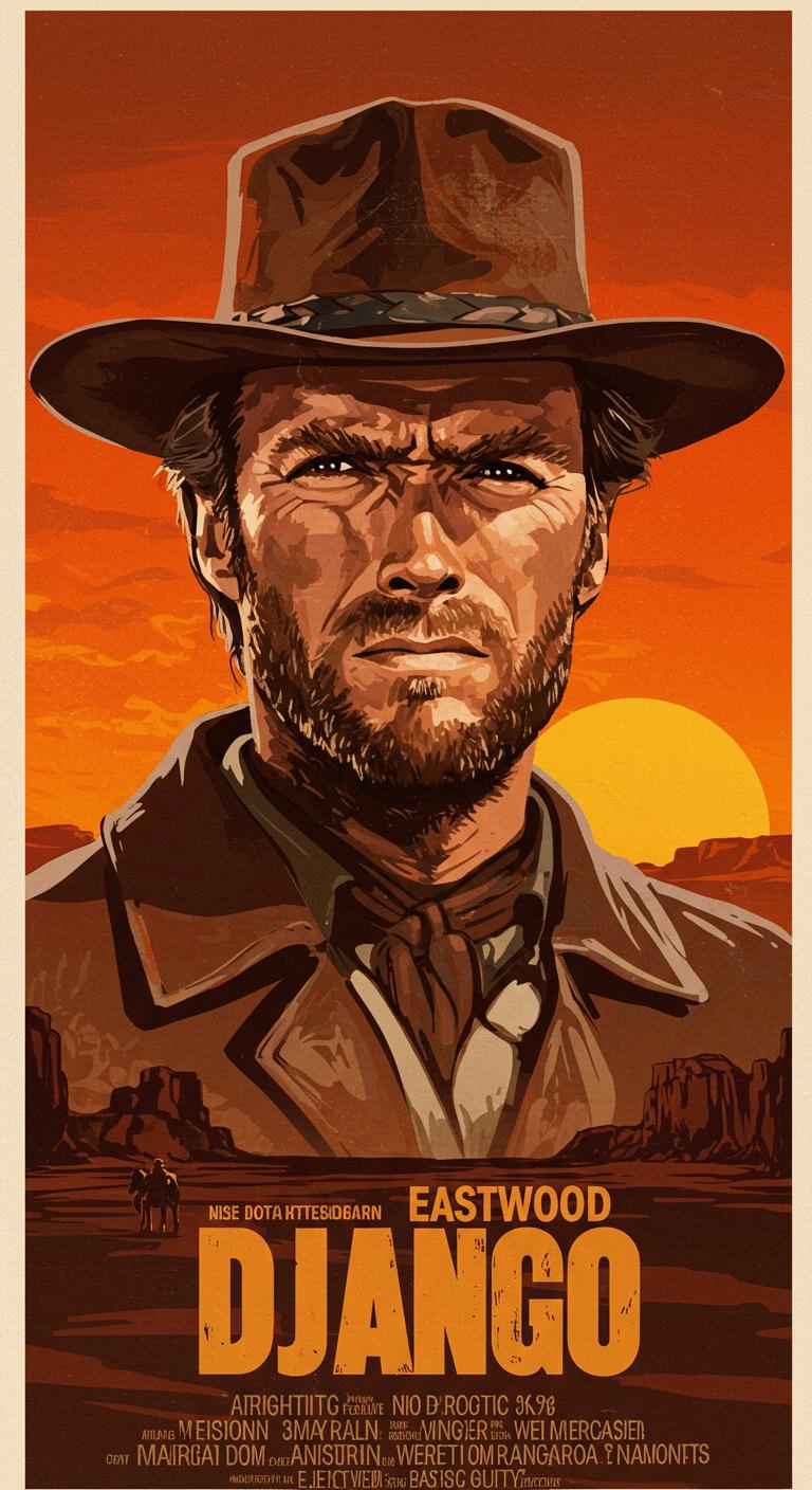 Old western Movie Poster from the 70th with painted Clint Eastwood with movie title: "Django"