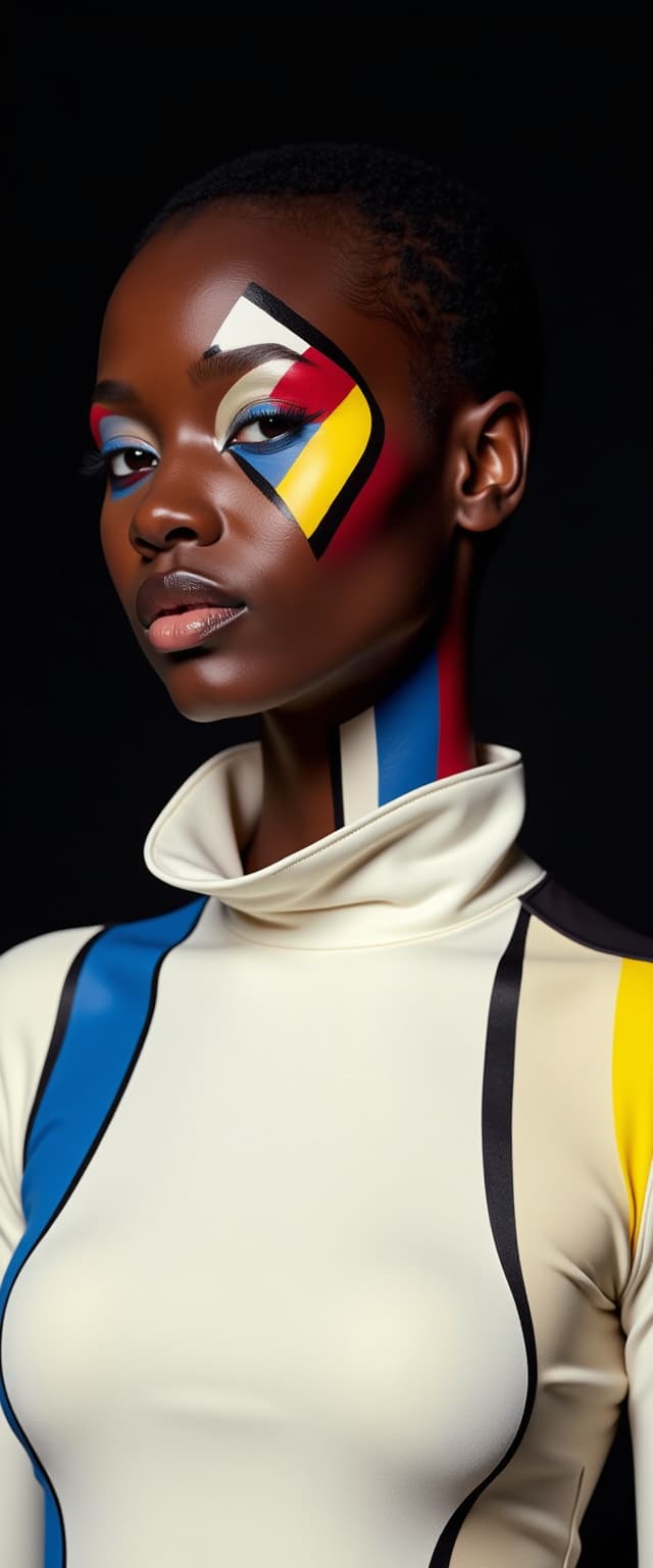 A striking studio portrait of a Black model with short, shaved hair. Bold geometric makeup in Mondrian's primary palette (red, blue, yellow, white, and black), extending down the neck in clean lines and blocks. They're wearing a white, structured, high-neck top with a soft matte texture. The dark studio background highlights their radiant skin and the vibrant makeup design.
