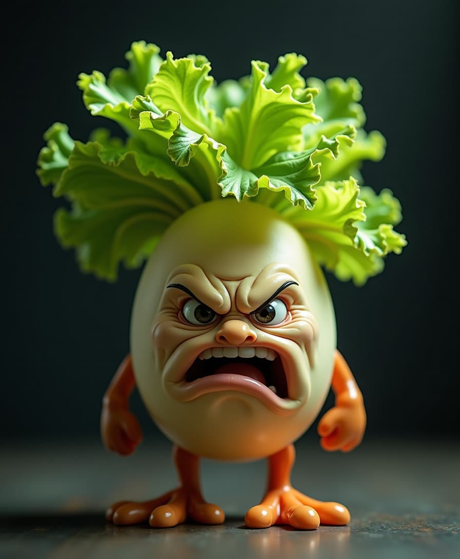 a dramatic, high-contrast, cinematic photograph of an anthropomorphic egg, its facial features twisted in anger, with a wild tangle of crisp, green lettuce leaves sprouting from its scalp like hair, and a pair of human feet, complete with toes and ankles, attached to the egg's body, set against a dark, moody background, with dramatic lighting that accentuates the egg's frustration, captured in a tight, close-up composition that emphasizes the subject's emotional intensity, with a shallow depth of field that blurs the surroundings, while the egg's facial features and lettuce hair remain sharp and in focus.