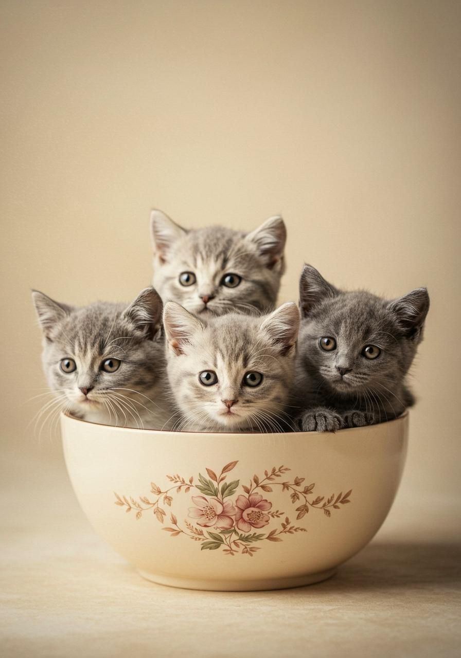 A heartwarming, artistic portrait photography of four adorable kittens snuggled together in a delicate, vintage-inspired ceramic bowl, set against a soft, creamy background with subtle texture, evoking a sense of warmth and coziness. The kittens, varying in shades of gray and white, have big, bright eyes, tiny noses, and fluffy fur, with one kitten peering out of the bowl, as if curious about its surroundings. The lighting is soft and warm, with a subtle gradient effect to emphasize the kittens' features. The overall aesthetic is whimsical, playful, and endearing, capturing the innocence and charm of the kittens. The photograph is shot from a slight overhead angle, creating a sense of intimacy and drawing the viewer's attention to the adorable kitten faces. The image is rich in detail, with subtle shadows and highlights that add depth and character to the scene.