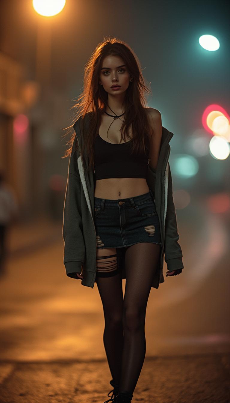 A captivating night-time street photograph featuring, slender woman walking gracefully under the soft glow of a street lamp. She wears a stylish mini skirt with torn tights, creating an edgy vibe for her outfit. Her tank top is paired with an unzipped hoodie that flows loosely over her frame, adding to her laid-back style. Her long, loose hair cascades down her shoulders, and her face is elegantly defined, with delicate features that capture attention. The detailed photo beautifully highlights the ambiance of the nighttime setting, showcasing the interplay of light and shadows as she strolls confidently down the street.