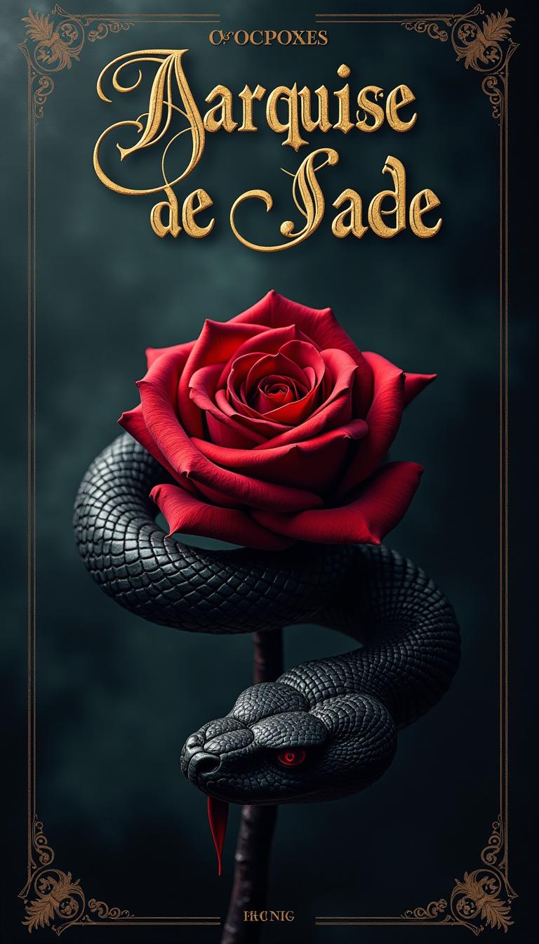 A haunting and immersive photography piece depicting Роза и змея, a mesmerizing poster for the theatrical performance of "Мarquise de Sade", set against a dark, moody background evoking an air of mystery and intrigue, with soft, misty lighting that casts eerie shadows, the contrast between the bold, crimson rose and the serpent's scales creating a sense of tension and foreboding, the title of the play "Мarquise de Sade" emblazoned across the top in bold, golden font with ornate, curved lines, while the background whispers hints of lavish, Baroque-inspired patterns, the overall mood shrouded in an aura of mystery and seduction.