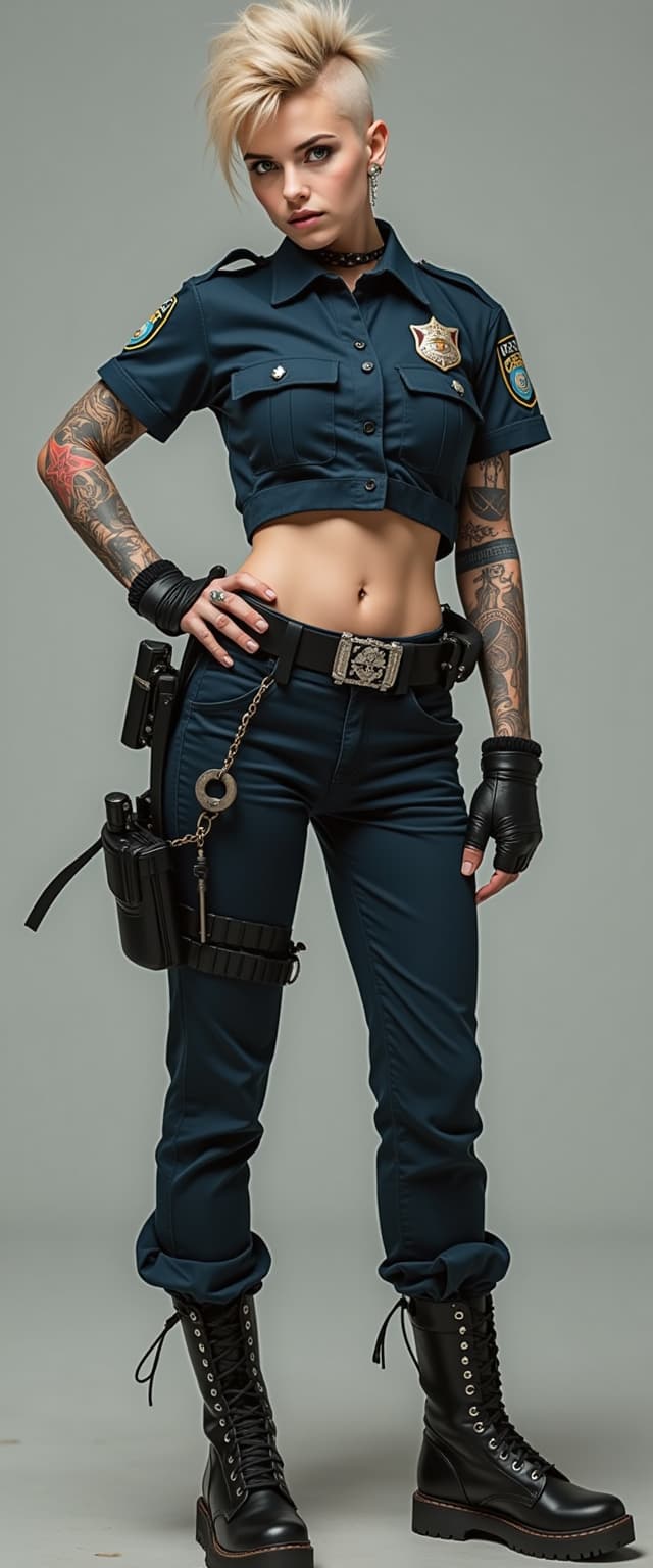 A rebellious 25-year-old woman, embodying a mix of tomboy, emo, and punk styles, stands boldly in a police uniform. She sports a short Mohawk haircut, exuding an air of defiance and confidence. With a very skinny frame, large hips, and a strikingly big torso, her presence commands attention. This action pose captures her in a moment of strength and rebellion. The image, whether a painting or photograph, showcases high-quality details like intricate tattoos and unique accessories, immersing viewers in her edgy persona.