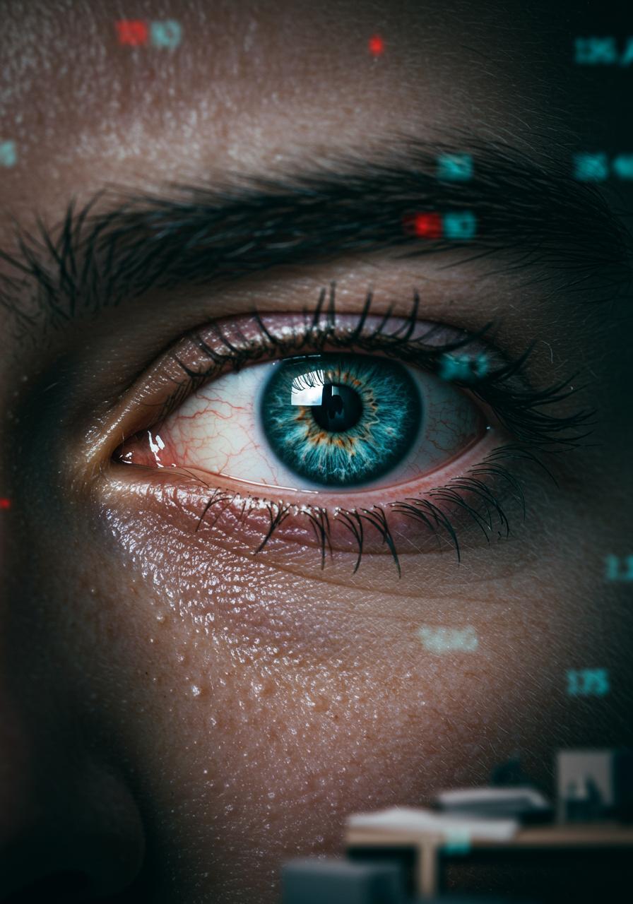 An intense 3D close-up of a person’s eyes, bloodshot and wide open in a state of sleeplessness. The lighting is stark, with bright overhead lights reflecting off the moist surface of the eyes. The skin around the eyes shows fine details, with small veins and exhaustion marks. In the background, there’s a blurry scene of an office desk, scattered papers, and a glowing computer screen displaying numbers and codes. The perspective is very close to the person’s face, focusing solely on the eyes, highlighting the toll sleep deprivation takes on them.