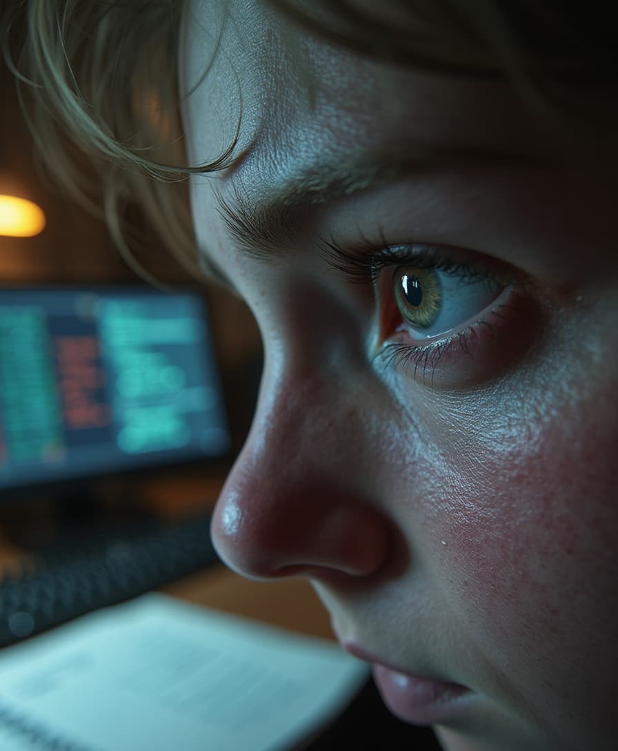 An intense 3D close-up of a person’s eyes, bloodshot and wide open in a state of sleeplessness. The lighting is stark, with bright overhead lights reflecting off the moist surface of the eyes. The skin around the eyes shows fine details, with small veins and exhaustion marks. In the background, there’s a blurry scene of an office desk, scattered papers, and a glowing computer screen displaying numbers and codes. The perspective is very close to the person’s face, focusing solely on the eyes, highlighting the toll sleep deprivation takes on them.