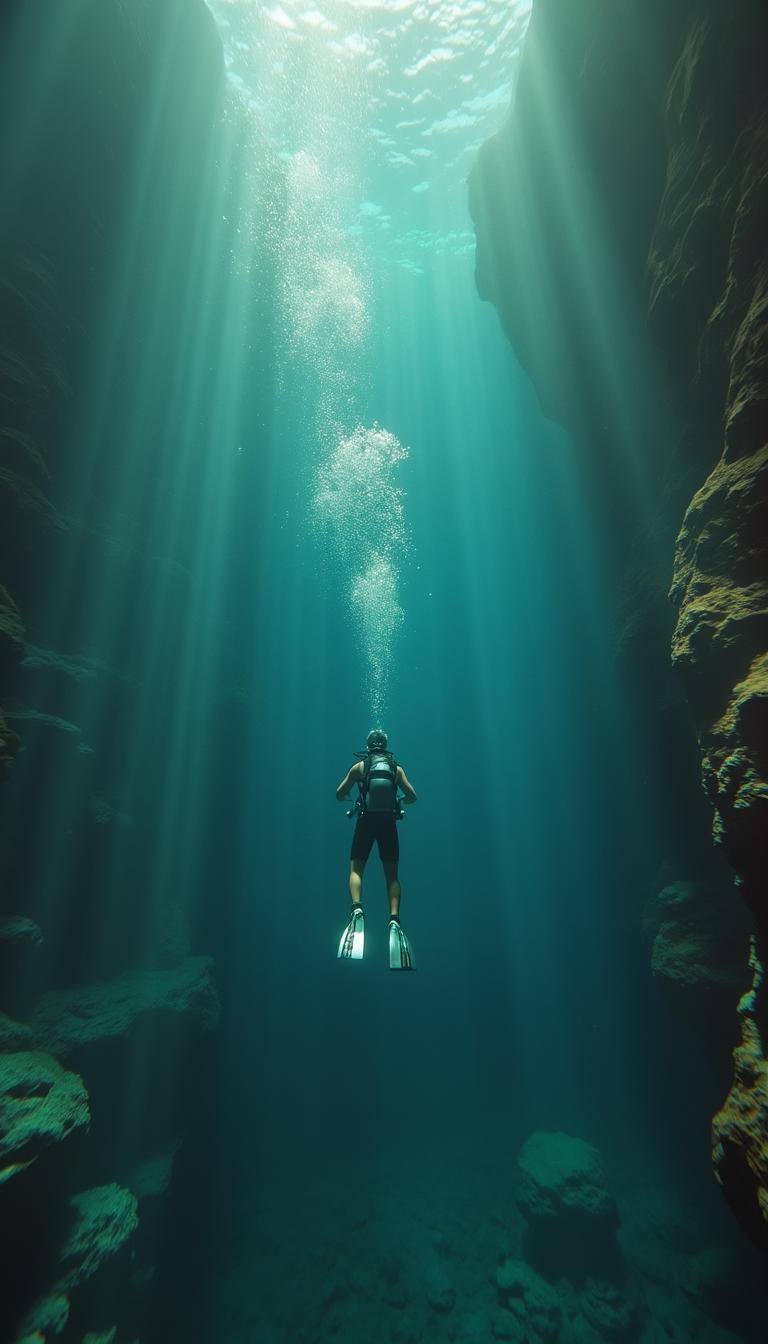 A breathtaking cinematic keyframe depicting a lone diver plunging into the crystal-clear turquoise waters of Jacob's Well, the sunlight above piercing the surface, casting a kaleidoscope of shimmering hues as the diver disappears into the enigmatic depths. The atmosphere is tense with anticipation, evoking the sense of an otherworldly mystery. The scene is set against a backdrop of weathered, rocky formations, cloaked in a veil of soft, velvety darkness. The diver's facial features are obscured, adding to the air of mystique, as they plummet downwards, their sleek, silver scuba gear glinting in the fading light. The cinematic color grading is reminiscent of the masterful works of Maciej Kuciara, Jama Jurabaev, and Wojtek Fus, with rich, bold hues and subtle pastel undertones. The shallow depth of field, subtle vignette, and delicate bokeh blur create a sense of intimacy, as if the viewer is experiencing the plunge firsthand. The image is shot on Kodak Porta 400 and Cinestill 800 film, captured through the lens of a Leica M10, imbuing the scene with a timeless, filmic quality.